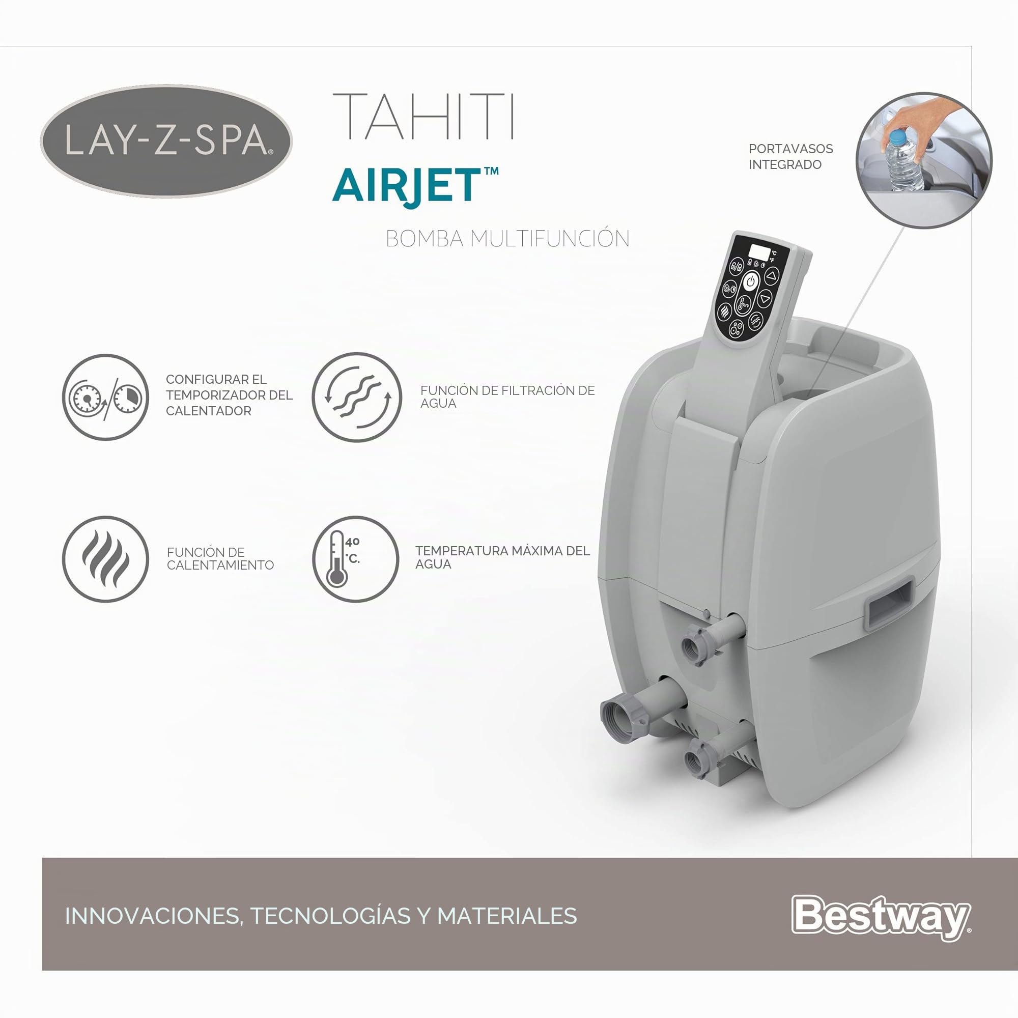 BESTWAY - SPA Hinchable Lay-Z-SPA Tahiti para 2-4 Personas Redondo 180x66 cm con Luces LED