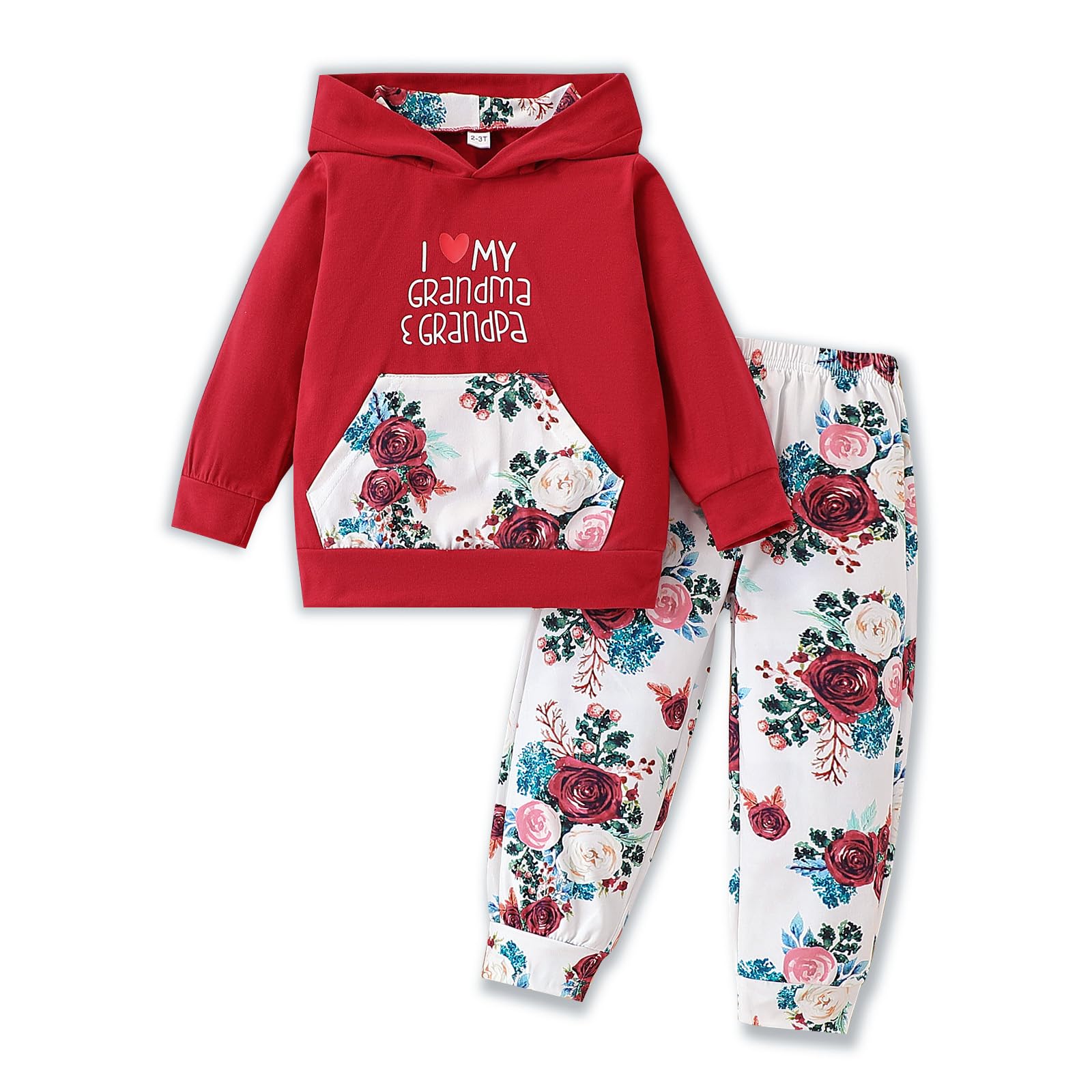 2PC Girls Clothes Girl letter and Floral print Hooded Set, letter print Top +Floral print Pants Set