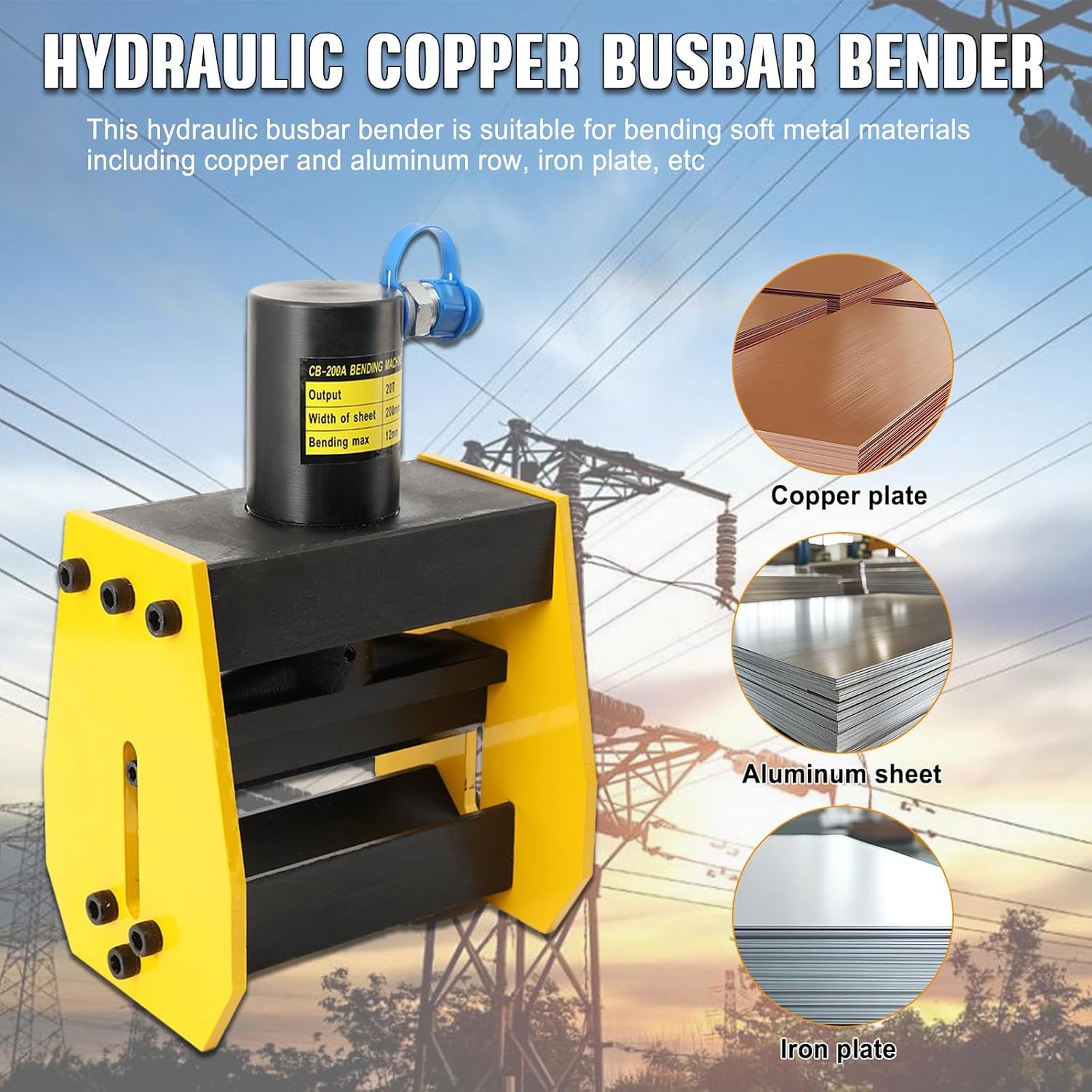 TYH Máquina Dobladora De Barras Colectoras Hidráulica De 20 Toneladas, Herramienta Dobladora De Barras Colectoras De Cobre Cb-200a, Hierro De 8 Mm, Cobre/Aluminio De 12 Mm, Acero Inoxidable De 6 Mm