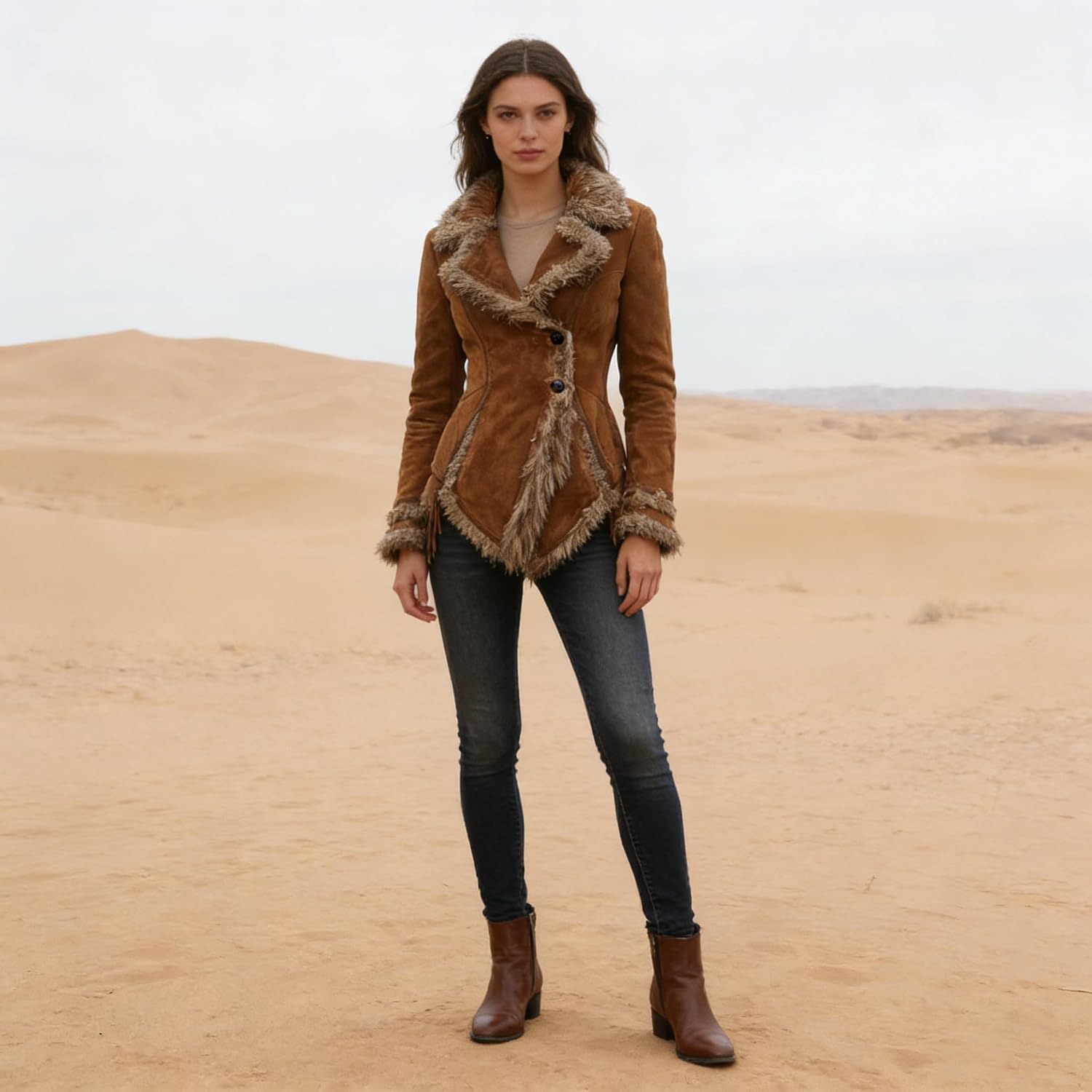 utcoco Women's Retro Suede Jacket with Faux Fur Lapel Collar Beggar Style Jacket for Women