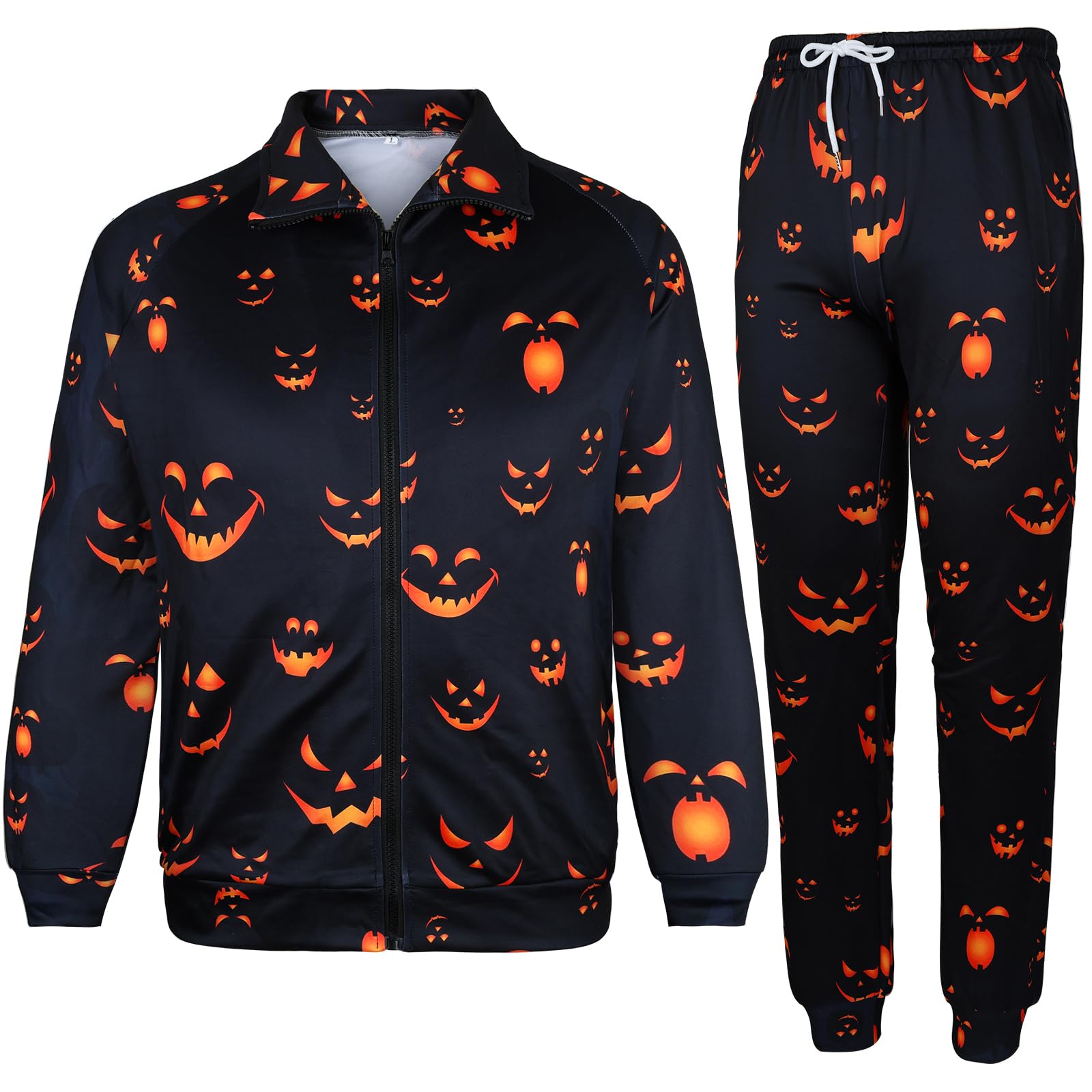 Arssm Men Halloween Outfits Sets Pumpkin Tracksuit Jacket and Jogger Sweatpants Cosplay Party Daily Wearing(BlackPumpkin-M)