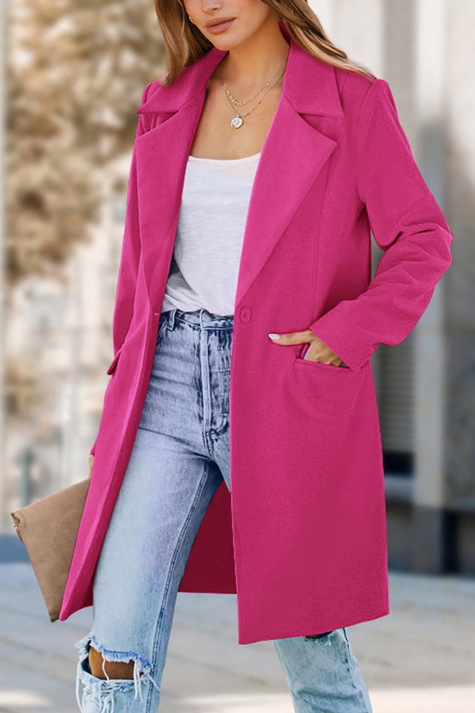 PRETTYGARDEN Women's Business Casual Long Blazer Jackets(Rose Red,S) view 6
