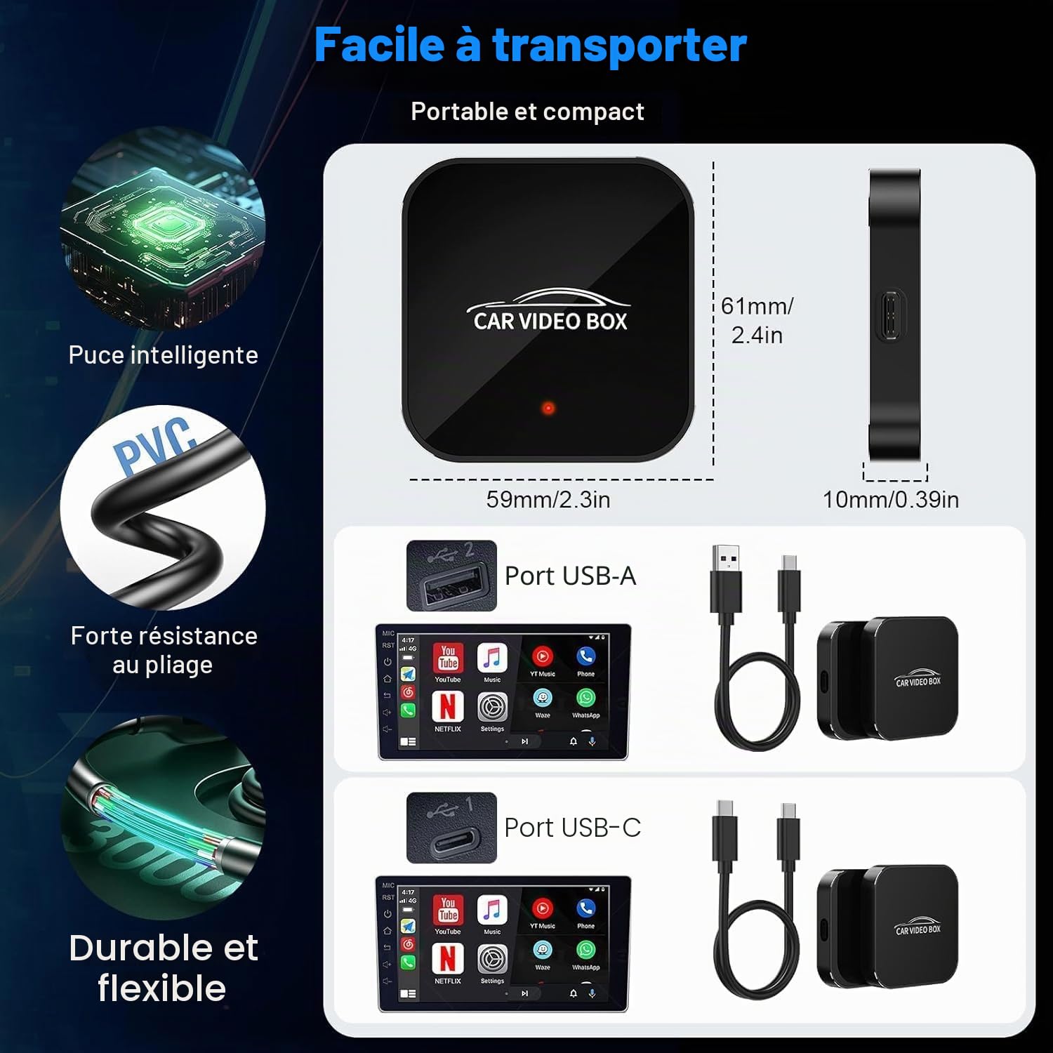 2026 Wireless CarPlay & Android Auto Adapter Prend en Charge Netflix/Youtube/TF – Plug & Play, Magic Video Box Compatible avec CarPlay & Android Auto d’Usine (4GB RAM+16GB)