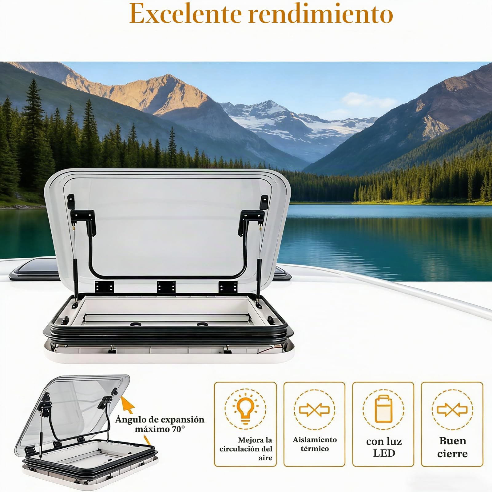 Claraboya para Autocaravana/Ventana para Techo con ventilación 50/70/80 x 50cm– Cortinas oscurecedoras y mosquiteras integradas, iluminación LED 12V, para caravanas, remolques, Barcos 50x50cm