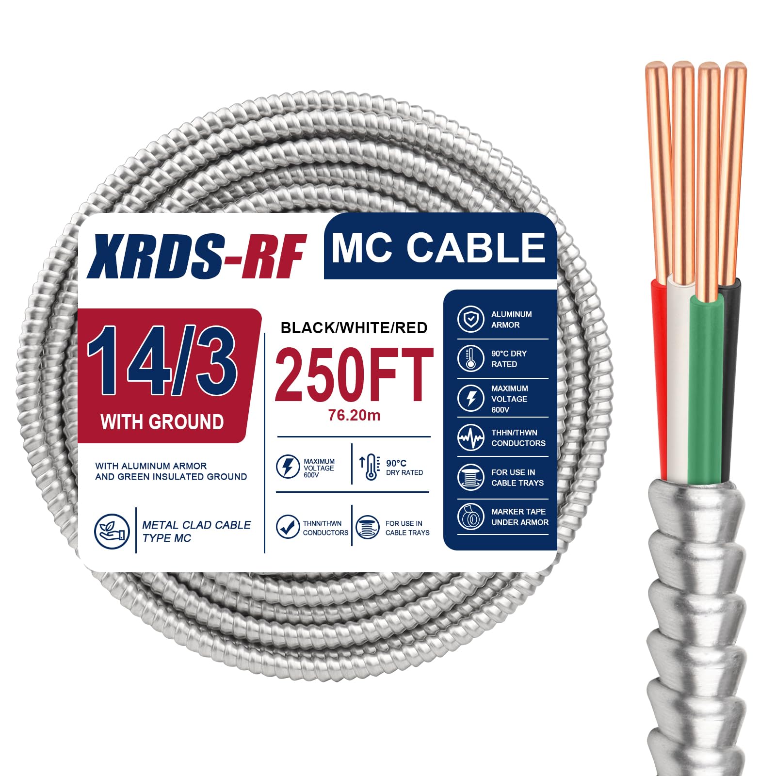 XRDS -RF 14/3 Metal Clad MC Cable 250FT, 14/3 Electrical Wire 3 Conductor Armored Wire with Ground, THHN Solid Copper & Flexible Aluminum Armor for