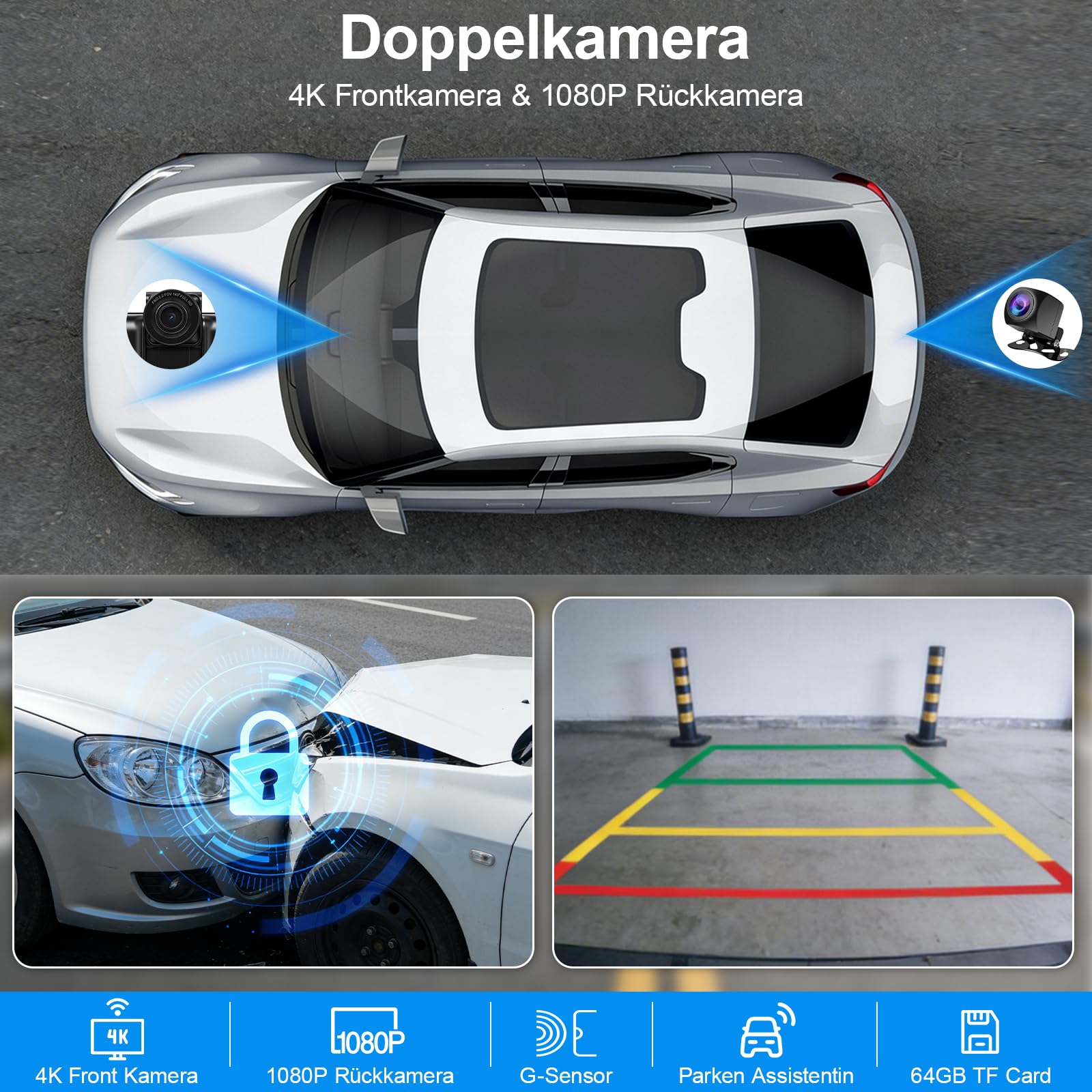 10,26 Zoll Car Play Display - Wireless Android Auto-anzeige Carplay Display mit Navigation 4K Dashcam 1080P Rückfahrkamera IPS Touchscreen Bluetooth Mirror Link Split Screen FM Radio/AUX 64G TF