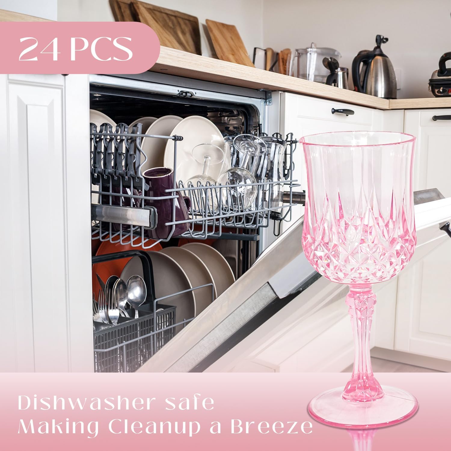 24 PCS Plastic Pink Wine Glasses Goblets Pink Vintage Wine Glasses, Reusable Drinkware Vintage Champagne, Plastic Goblets for Parties for Wedding Reception Grand Event Party, 7oz - Image 3