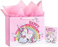 Vista 13 de WRAPAHOLIC Bolsa de regalo de cumpleaños grande de 13 pulgadas con tarjeta y papel de seda, adorable unicornio con lámina plateada holográfica