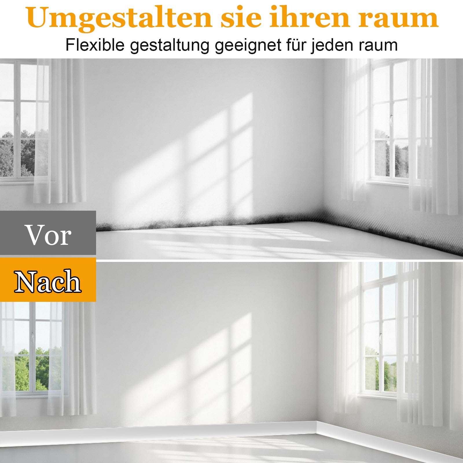 Flexibel Sockelleiste Selbstklebend 15m , Perfekte Haftung Auf Wände, Ohne Bohren, DIY-Renovierung Für Altbau Und Moderne Räume, Weiß