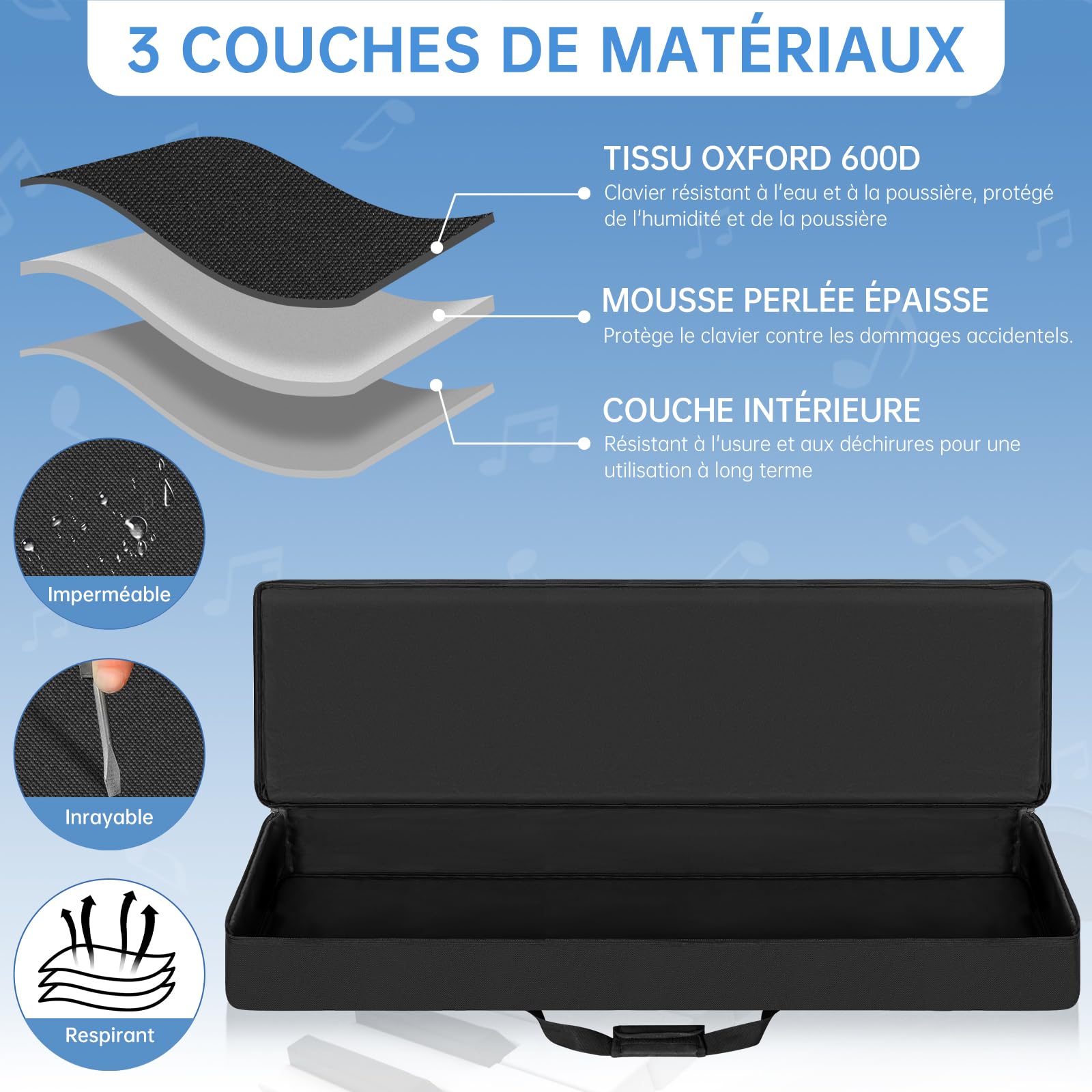 OUUTMEE Housse pour Clavier 88 Touches, Sac pour Clavier 88 Touches en Tissu Oxford 600D, Sac de Transport pour Clavier Piano Électrique 10MM Rembourré avec Poignées et Bandoulière Réglable (Noir)