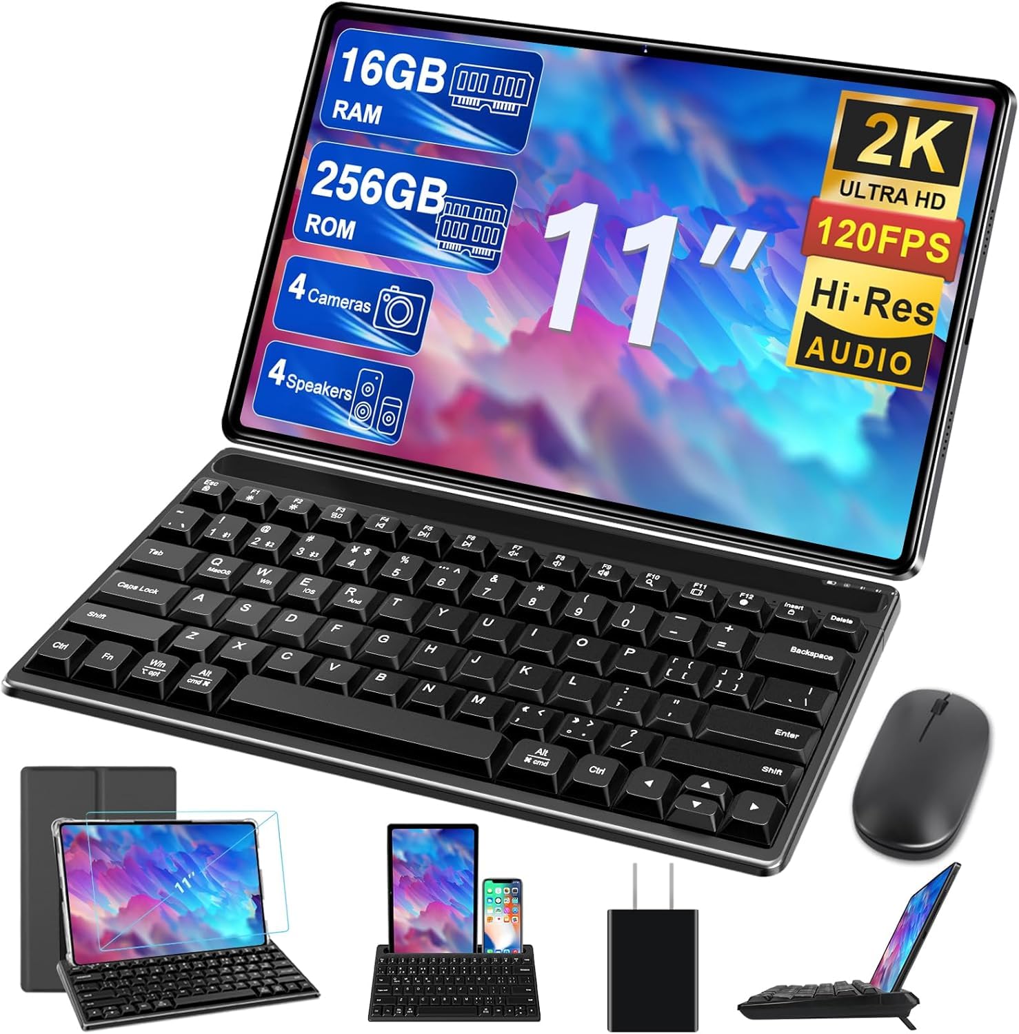 GOODTEL Tablet Android 11 Pollici 2K – 16GB RAM + 256GB ROM, 8600 MAh, GPS, Tastiera E Mouse Inclusi, Nero