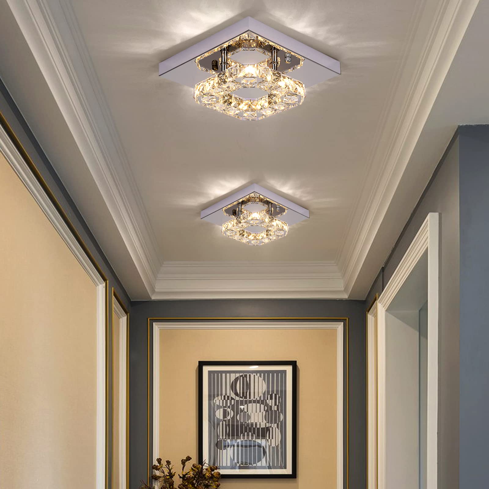 GreeLustr Mini Kristall Kronleuchter LED Moderne Kristall Deckenleuchte, Austauschbare Pendelleuchte Quadrat K9 Crystal Einbauleuchte Edelstahl Deckenlampe für Hall, Wohnzimmer, Esszimmer