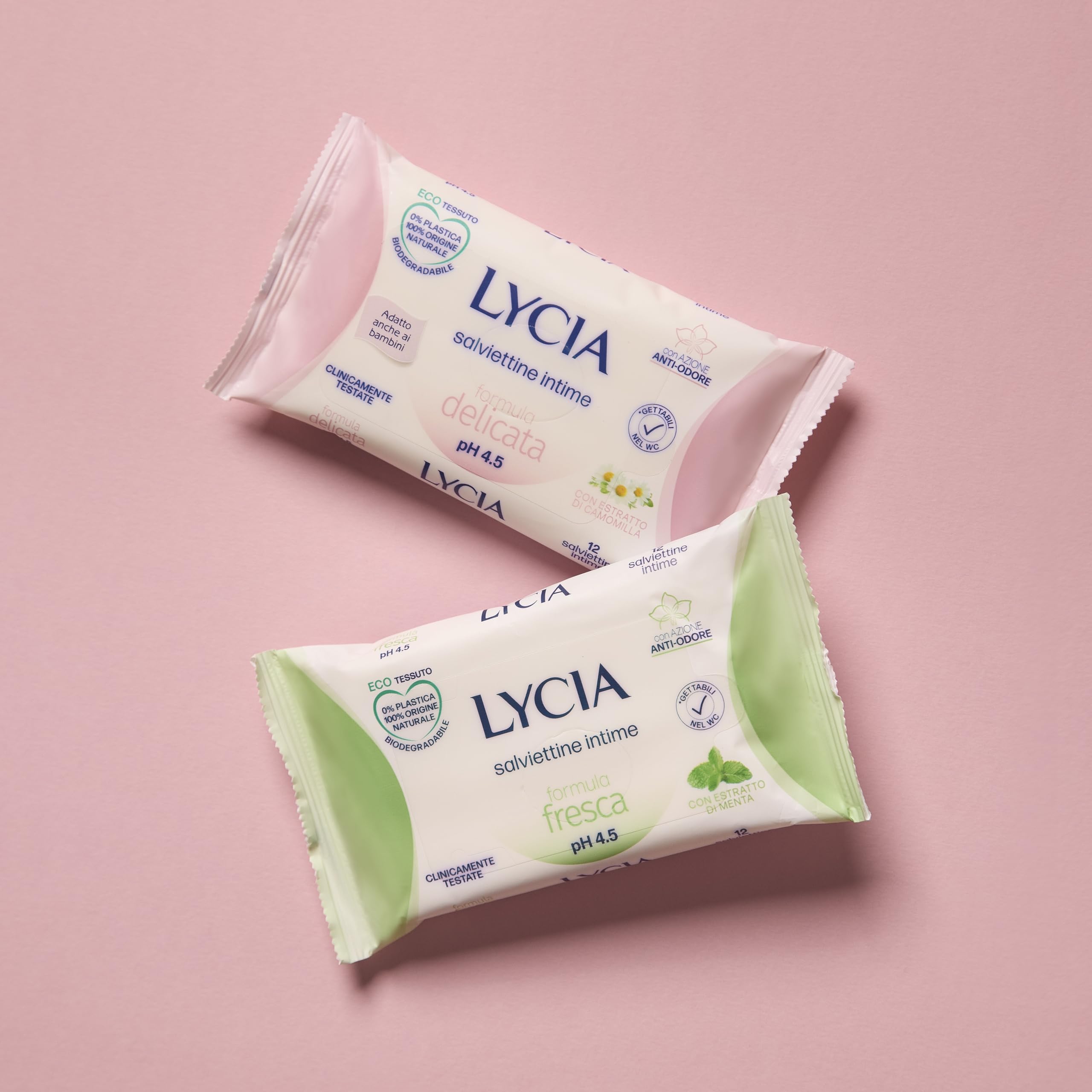 Lycia, Salviettine Intime Delicate con Azione Anti-Odore, Eco Tessuto Gettabile nel WC, Formula con Estratto di Camomilla, Clinicamente Testate e Adatte ai Bambini, pH 4.5, 12 pezzi