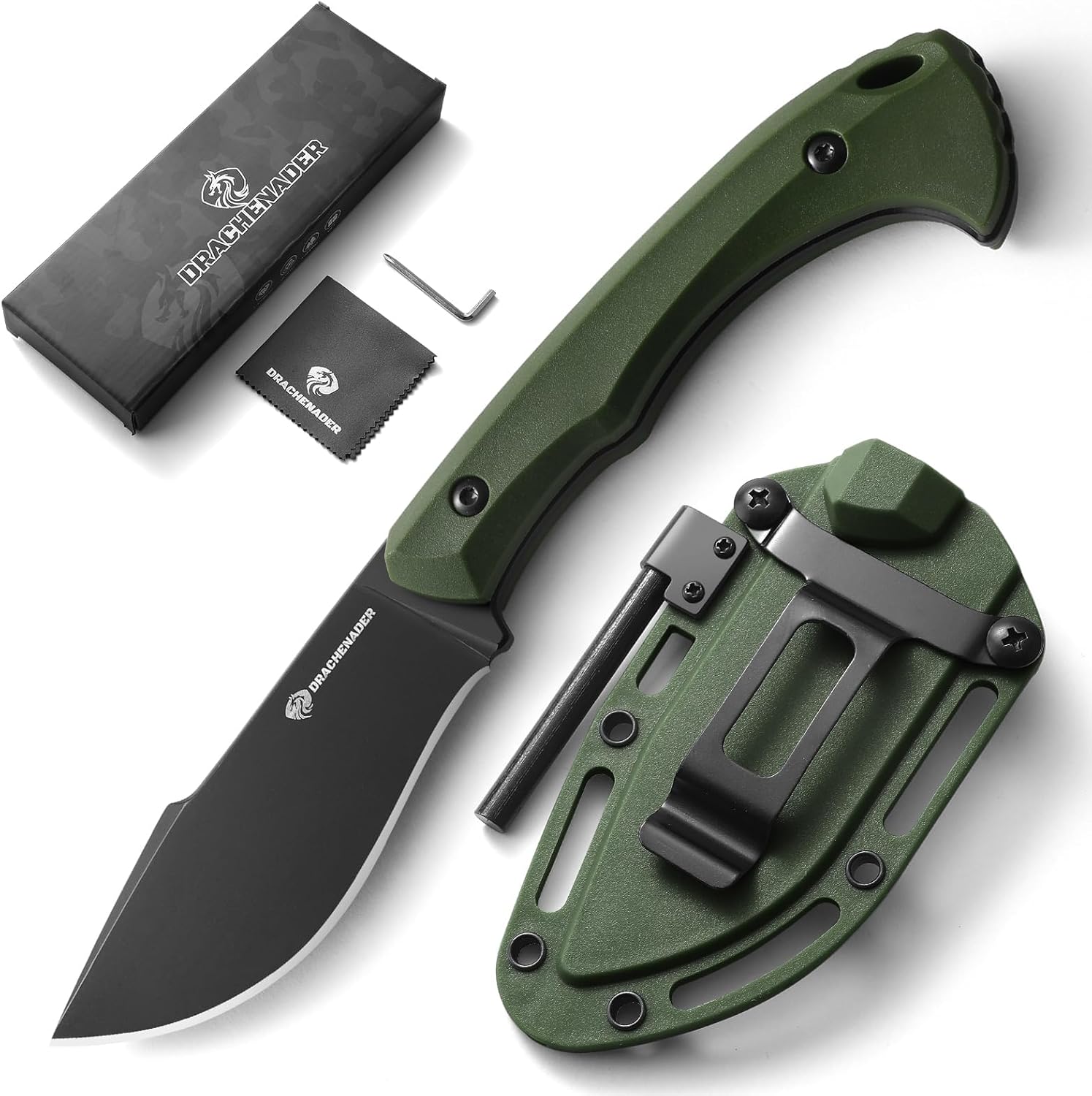 DRACHENADER 7.68" Small Fixed Blade Knife with Fire Starter L-Y, Full Tang Survival Knife w/Sheath and Clip, Camping, Green+ Black