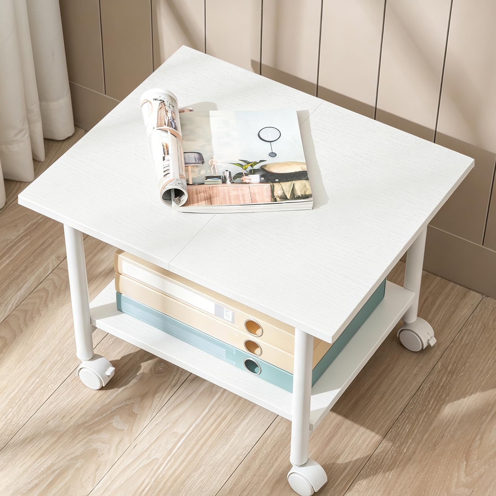 HOOBRO Druckertisch, Druckerwagen mit arretierbaren Rädern Druckerständer rollbar mit 2 Ebenen, Druckerhalter Industrie-Design, Rollcontainer, für Büro, Fax, Weiß