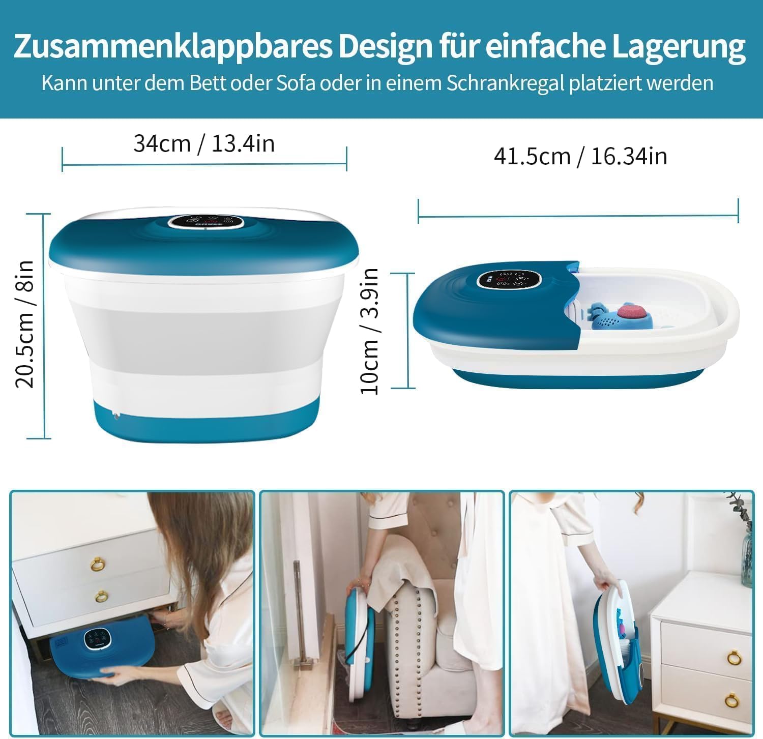 KNQZE Fussbad mit Massagefunktion und Heizung | Faltbare Fußbad Fußmassagegerät | Fusssprudelbad mit Massage, Timer, Vibration, Sprudelfunktion & Bimsstein | Fußsprudelbad für Geschenk (Blau)