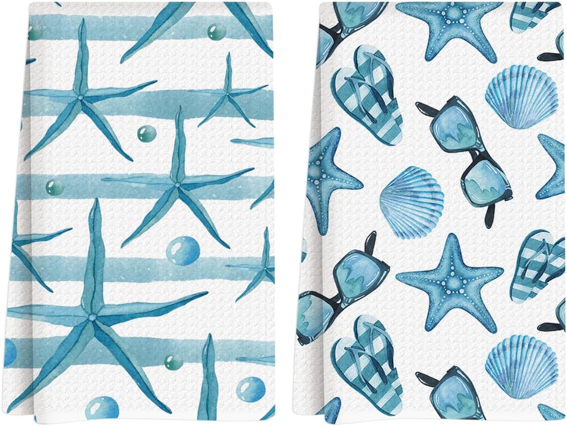 Summer Coastal Kitchen Towels, Summer Kitchen Bathroom Decor, Housewarming Gifts, Starfish Seashell Waffle Decorative Dish Hand Towel for Holiday Home Bathroom Bar Baking Set of 2