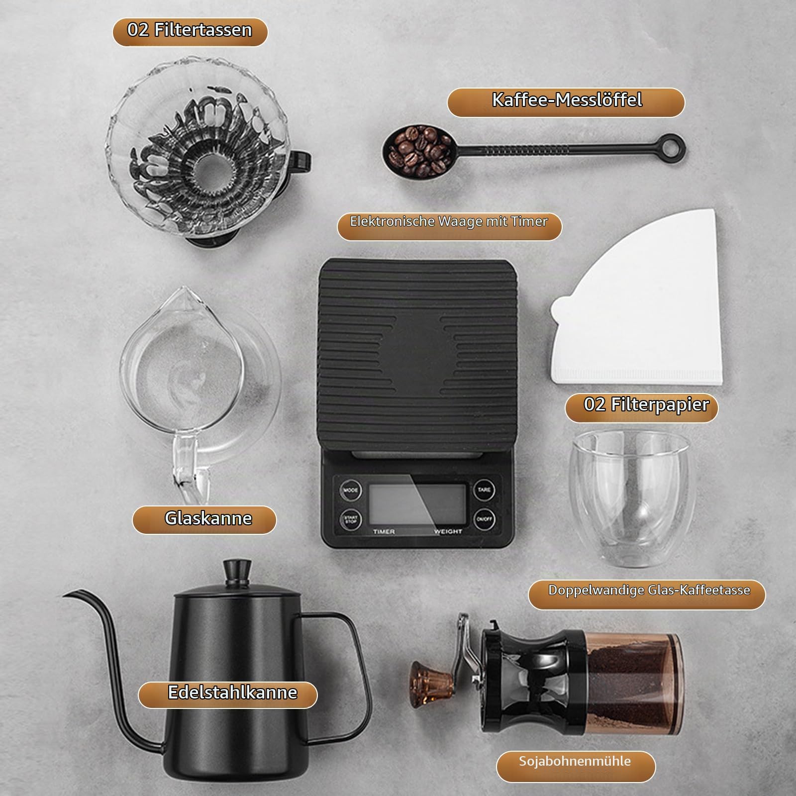 8-Teiliges Handgebrühtes Kaffee-Set, Tragbares Multifunktionales Kaffeemahlen, Handbrühwerkzeug Set, Komplettes Zubehör für Kaffeeliebhaber, Für Innen- und Außenbereich, Picknicks und Reisen