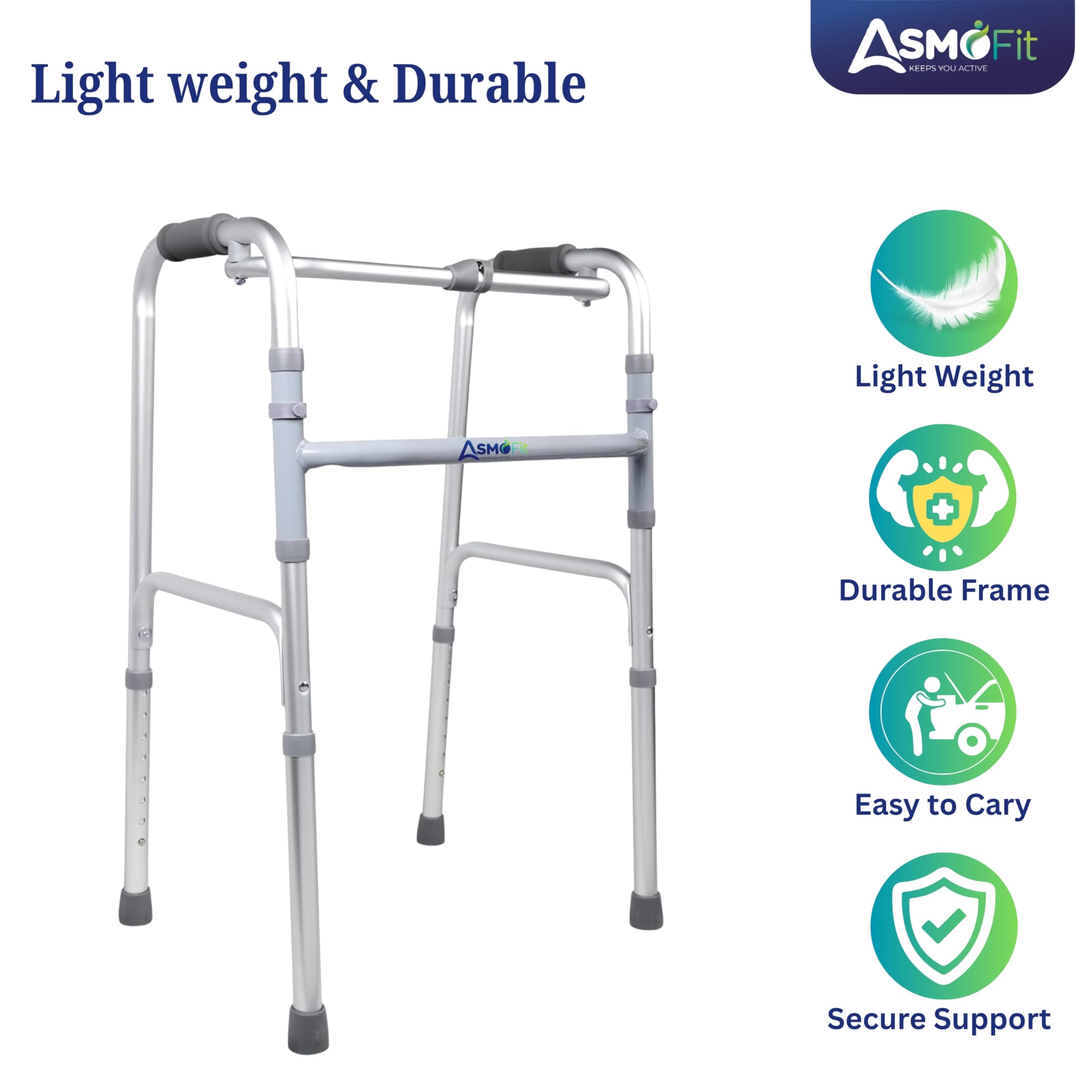 Asmofit Foldable Walker – Lightweight, Adjustable Height, Sturdy Frame for Elderly Support, Easy Mobility Aid for Seniors, Anodised Finish - Image 2 thumbnail