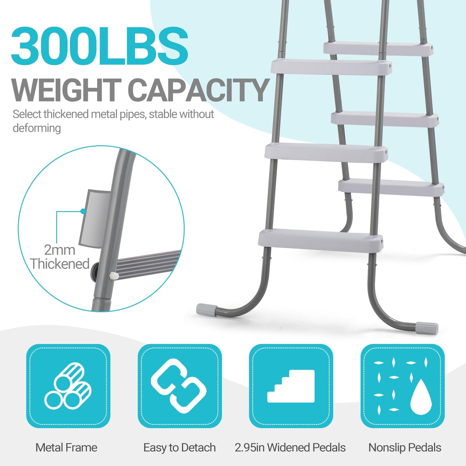 Escalera para Piscina Resistente, escalones de Escalera para Piscinas elevadas, Marco de Metal Antideslizante con escalones extraíbles, 91 cm de Altura para Piscinas en el Suelo
