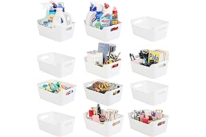 Tiawudi Plastic White Organizer Bins - Stackable and Durable Containers for Home and Office Storage