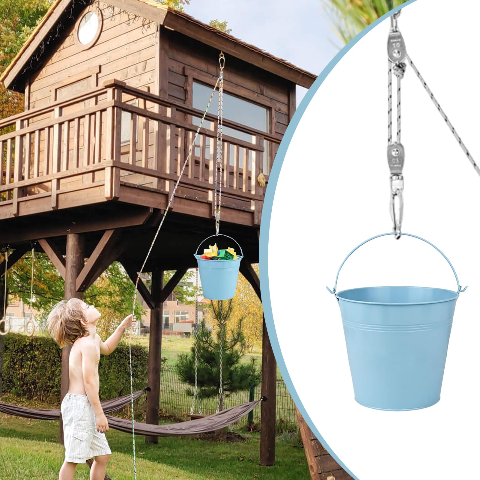 FORMIZON Poulie Enfants Avec Seau Métal - Kit Système De Poulie Cabane Arbre Jardin
