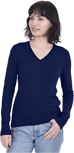 Cashmeren Suéter básico con cuello en V para mujer, 100% cachemira pura, manga larga, suéter clásico