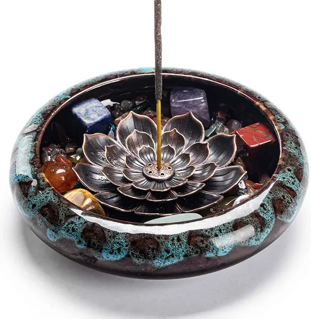 Crystal Lotus Ceramic Incense Burner Holder with Chakra Stones