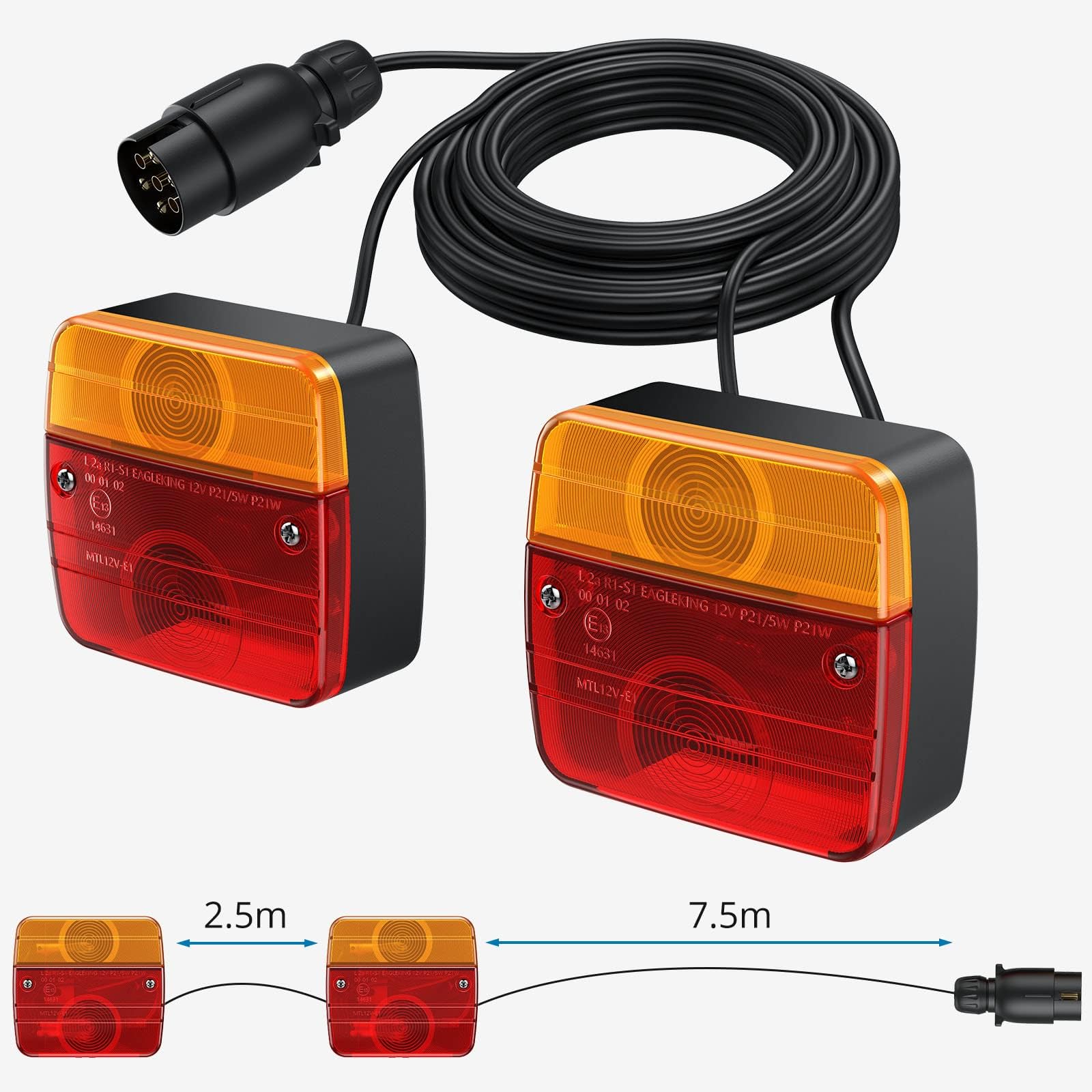 AUTOUTLET Set Fanali Posteriori Rimorchio a Vite 12V DC,7 Poli e Cavo 7,5m,Luci Rimorchio Impermeabile IP65,per Auto Trattore Caravan,Camion,E13