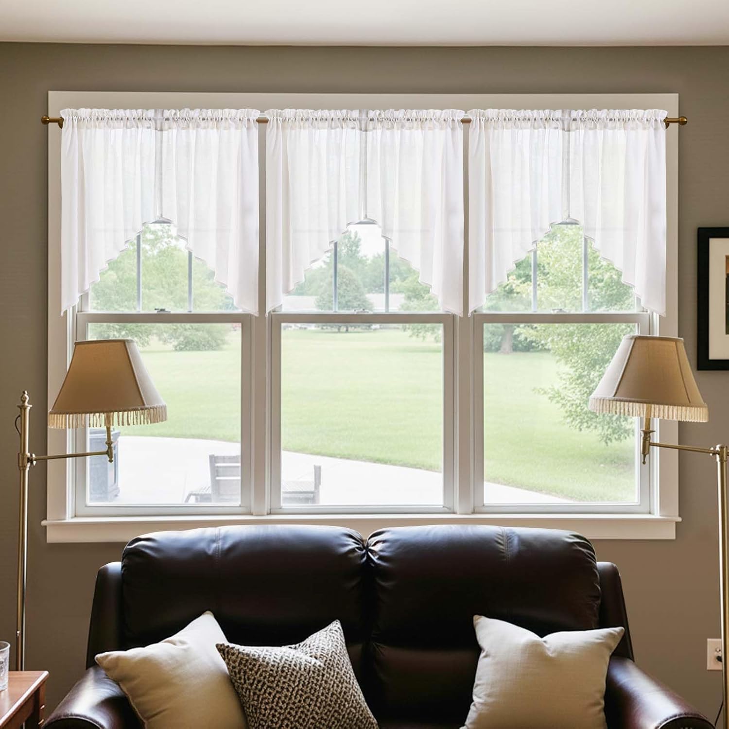 jinchan Swag Valance for Windows 36 Inch Length Farmhouse Linen Kitchen Valance Country Light Filtering Small Window Treatment for Bedroom Living Room 2 Panels White 36"W x 36"L (Pack of 2) Linen Neutral White