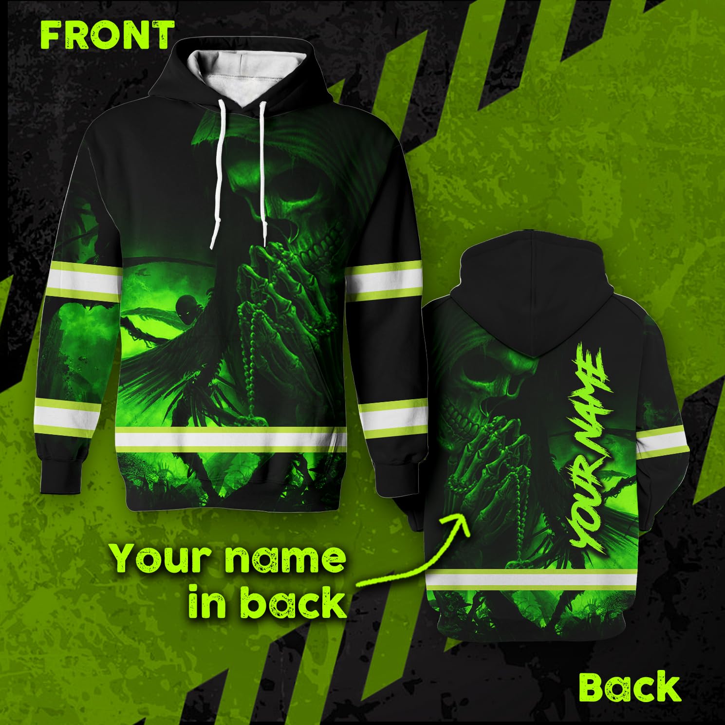 Maddly Hi Vis Hoodie Reflective Skull Green Neon Custom Name Safety Workwear For Workers, Runners, Cyclists, Truckers, Operator, Patriotic, Skull Lovers-L