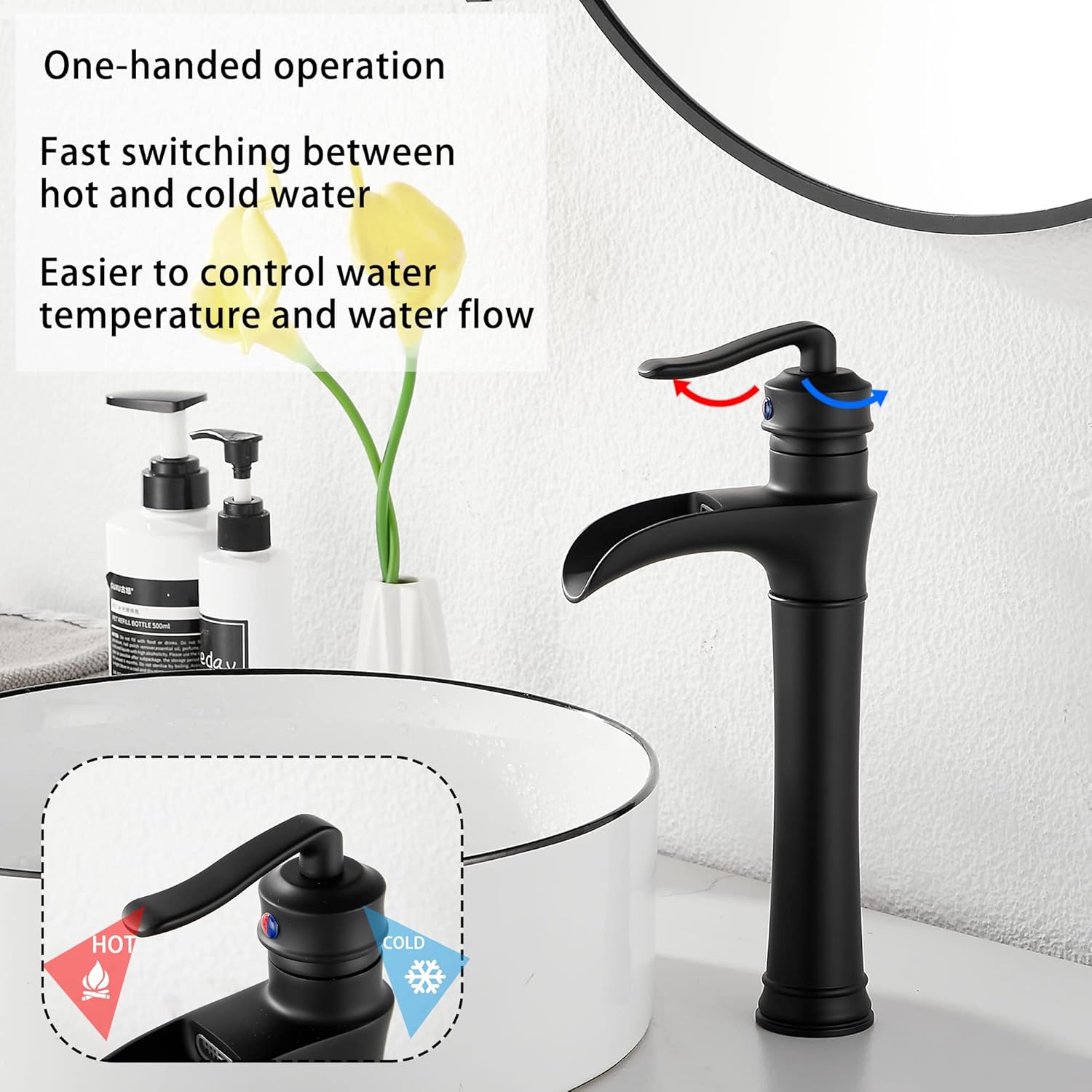 Matte Black Bathroom Faucet GGStudy Single Handle One Hole Farmhouse Waterfall Bathroom Vessel Sink Faucet Black Matching with Pop Up Drain