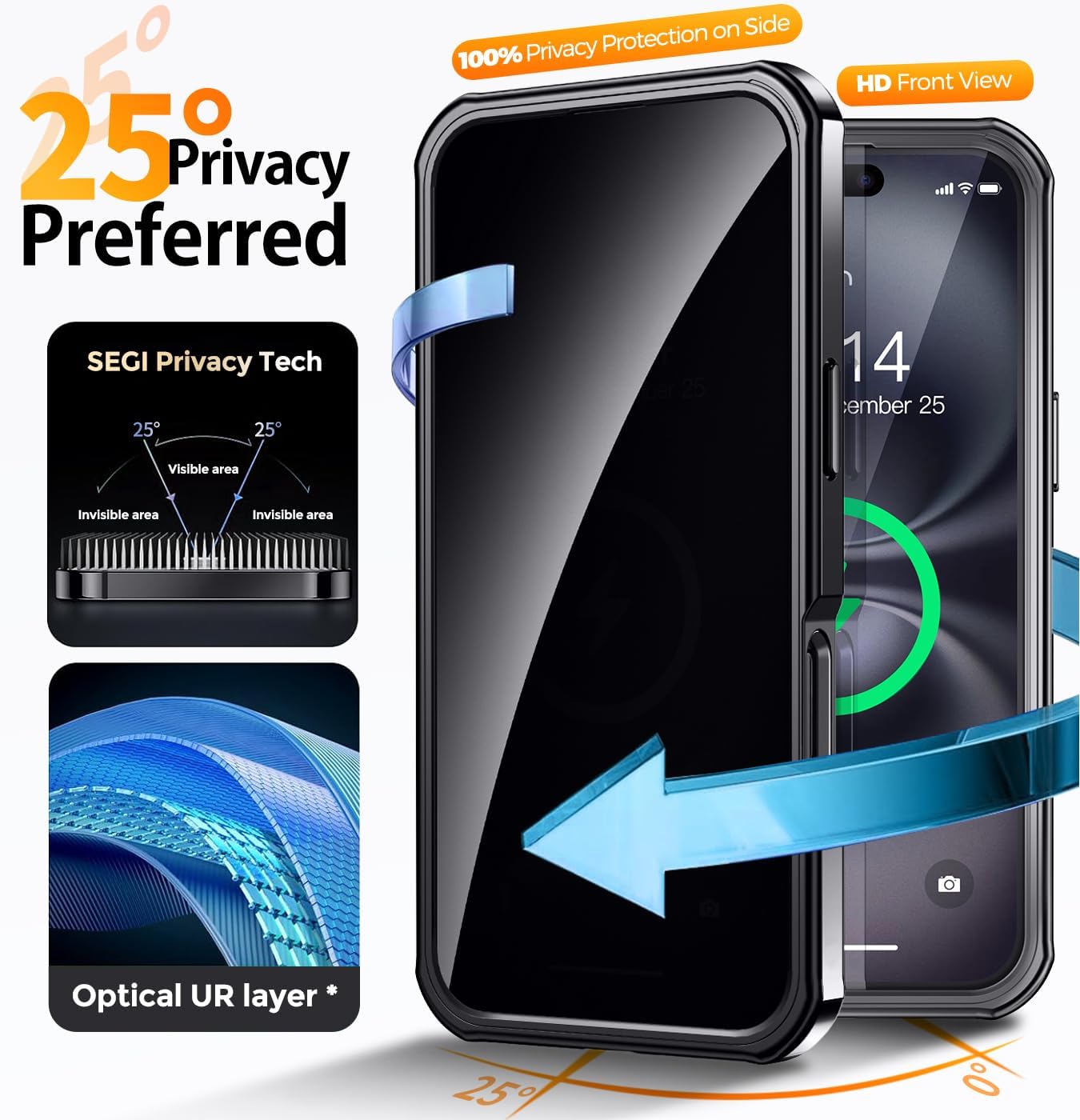 Reukdnv [CD Metal Ring Stand + Built-in Privacy Screen Protector] Magnetic Case for iPhone 16 6.3" [Soft Bumper Full Signal] [Compatible with MagSafe] 9H Glass Full Body Shockproof Clear Case, Black - Image 2