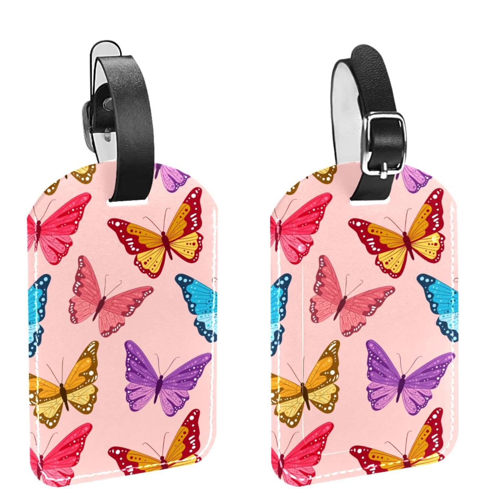 2 Etichette Da Bagaglio Con Farfalle Colorate In Pelle PU – Identificativo Per Valigia Con Anello Acciaio E Protezione Privacy