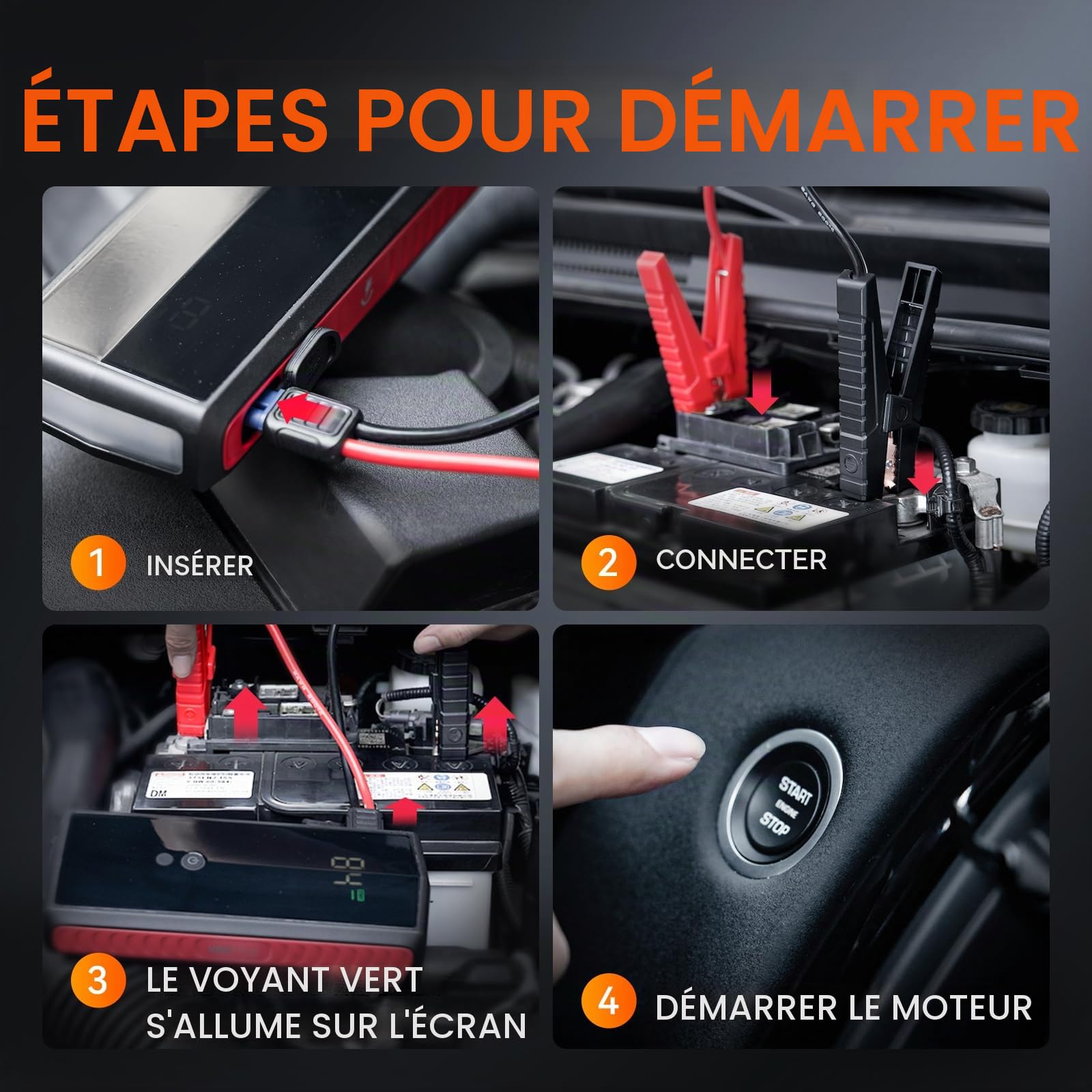 VANTRUE Bloc d'alimentation JS1, courant de crête 3000 A, 20 000 mAh, démarreur de voiture 12 V, écran LED et éclairage d'urgence, câble de batterie, gaz 7,5 l/diesel 6 L, charge rapide PD 65 W