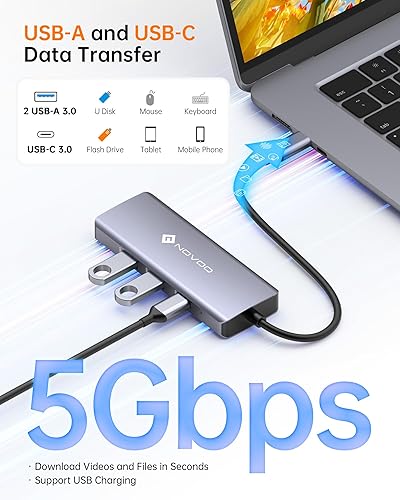 Miniatura 4 de NOVOO Hub USB C 5 en 1 de aluminio con adaptador HDMI 4K, 2 puertos USB 3.0, 1 puerto de memoria SD, 1 lector de tarjetas microSD para MacBook Pro