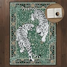 CCoutueChen Green Vintage White Tiger Floral Area Rug 5x7 ft, Oriental Botanical Jungle Animal Print Indoor Rug, Low Pile Non Slip Washable Accent Rug for Bedroom Living Room Dining Room Home Decor