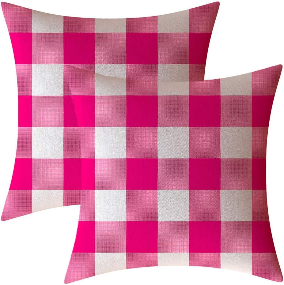 Set of 2 Pink and White Farmhouse Buffalo Check Plaid Throw Pillow Covers Decorative Indoor Outdoor Cushion Cover Polyester Linen for Fall Home Decor,22 x 22 Inches