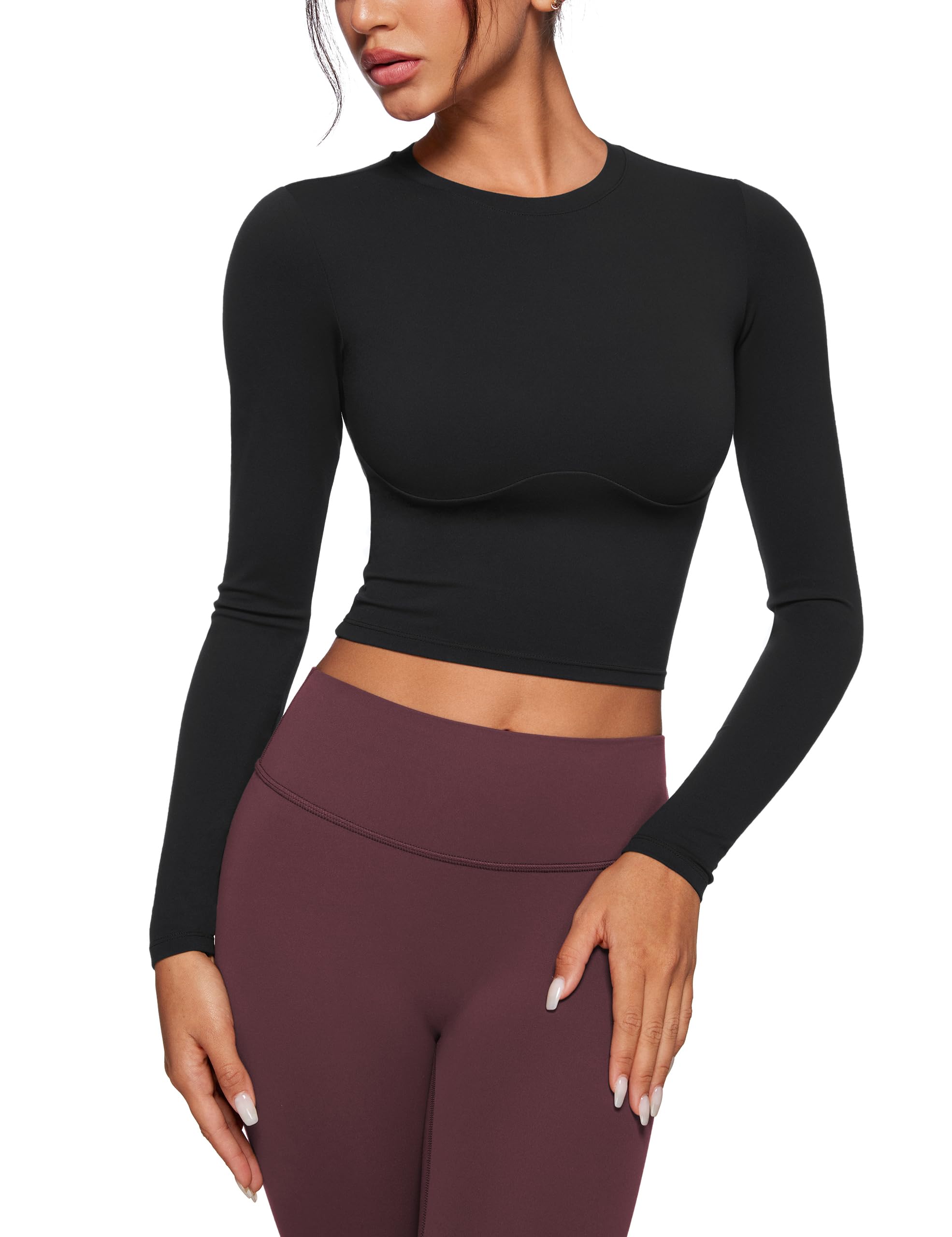INGIA Womens Long Sleeve High Round Neck Crop Yoga Shirts Workout Slim Fit Casual Yoga Gym Tops Black Small