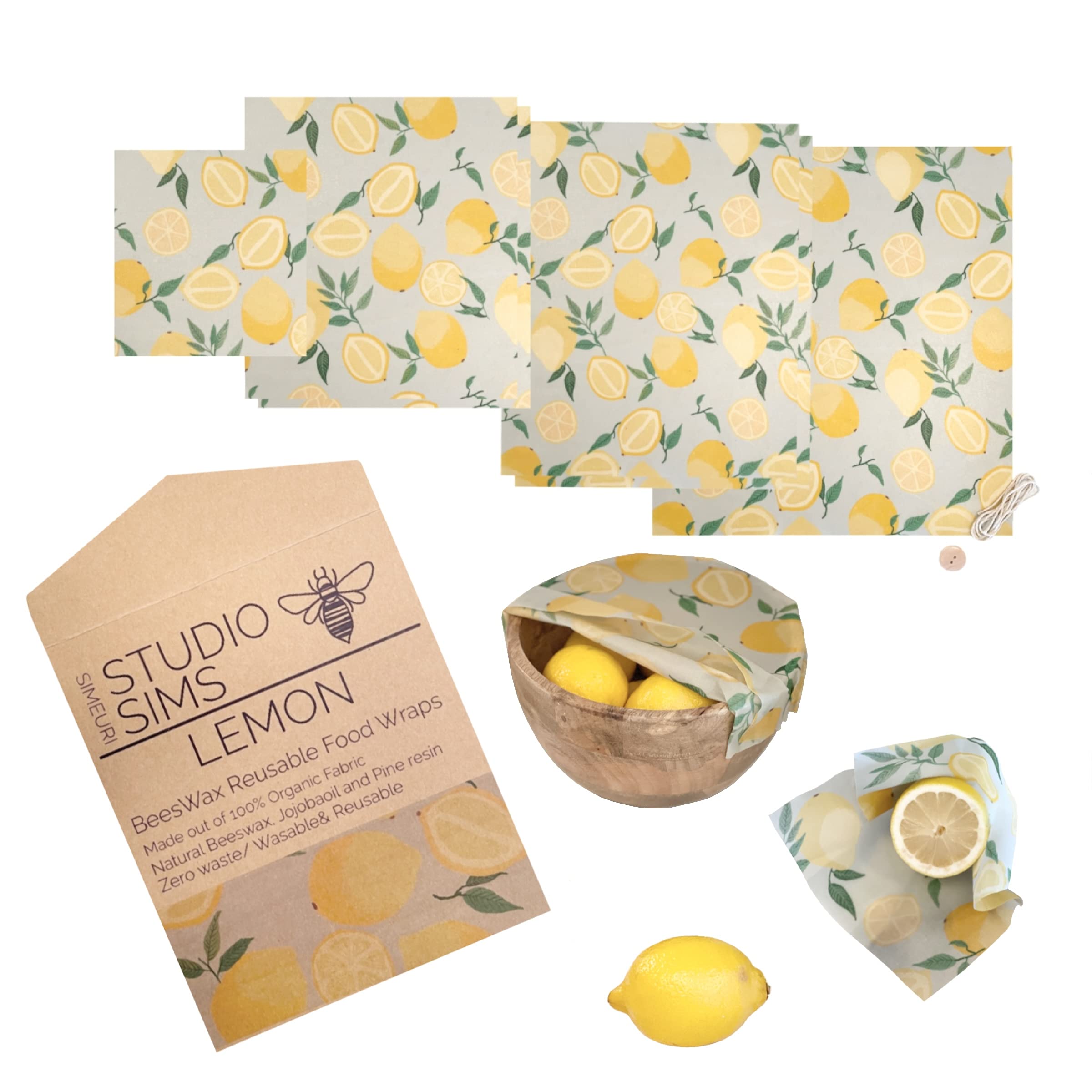 Studio Simeuri Beeswax Reusable Food Wraps Assorted 6 pack Beeswax wrap, Cheese Breads Food Storage Containers, Wrappers, sustainable gifts (Lemon)