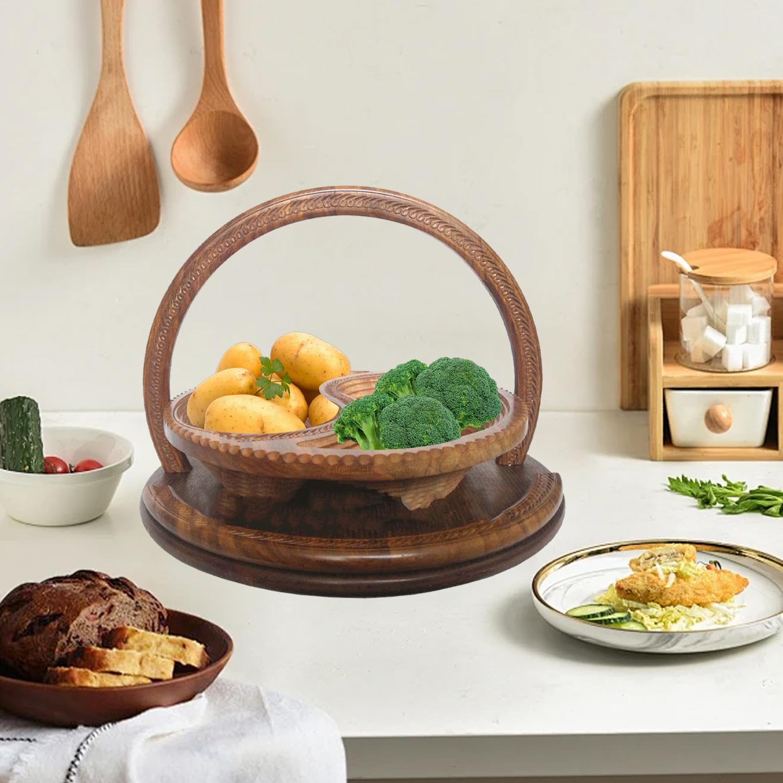 Corbeille à fruits en bois – Plateau de service pliable divisé en 4 compartiments | Paniers pliables pour , noix, bonbons, fruits, noix | compartiments | Paniers pliables pour , noix, bonbons, fruits, noix