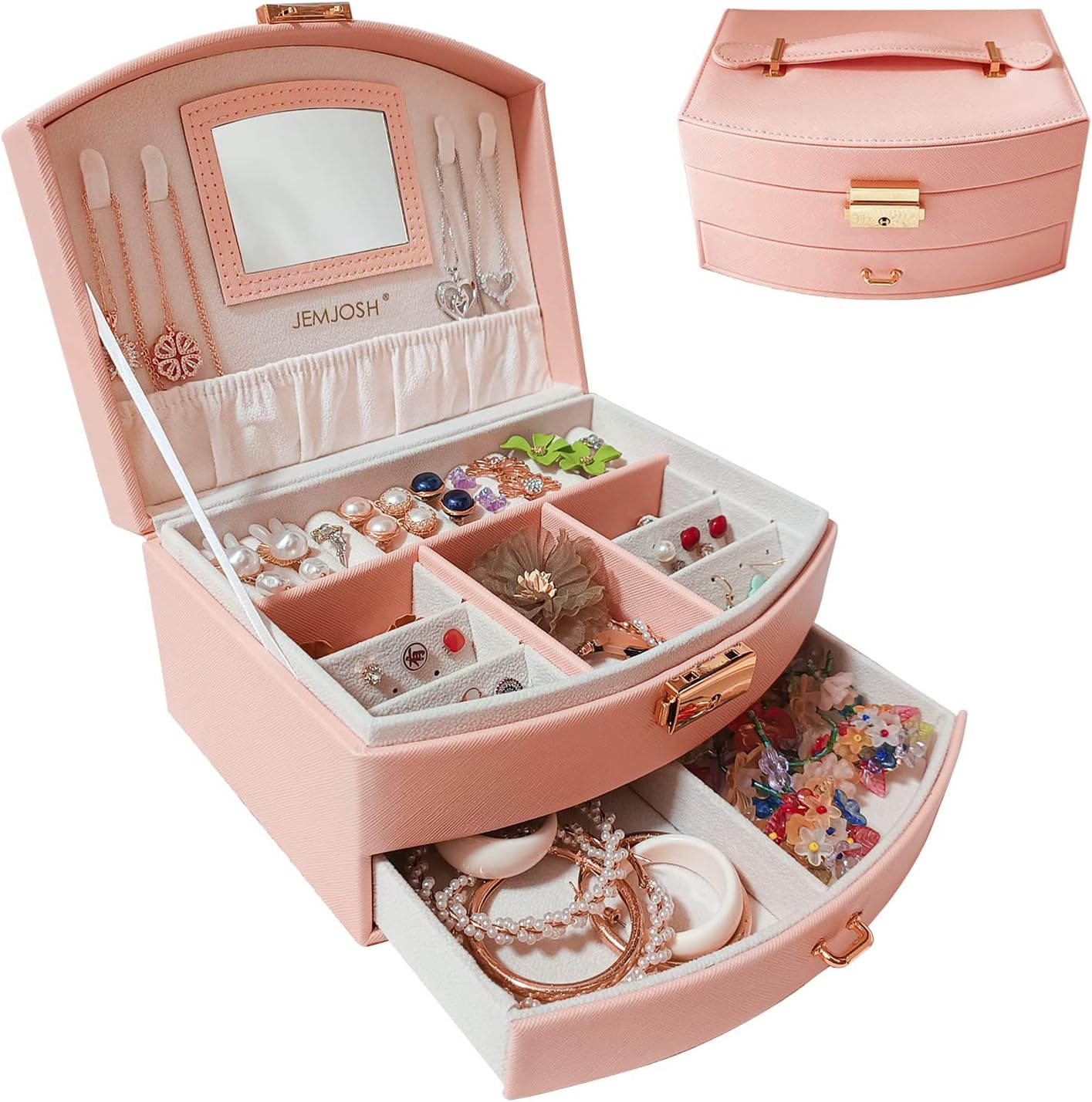 Jemjosh Jewelry Box with Mirror, 2 Layer Jewelry boxes for
