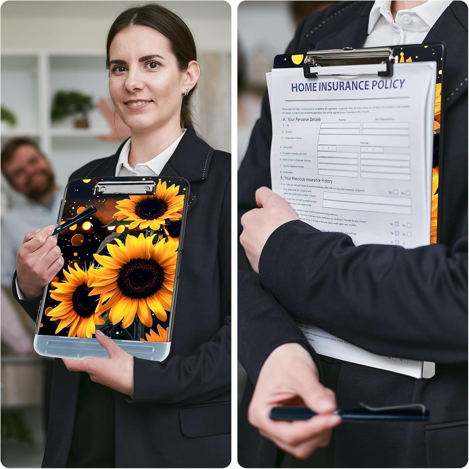 Clipboard with Storage,Plastic Storage Clipboard with Low Profile Clip,Heavy Duty High Capacity Clip Boards with Pen Holder & Pencil,Teacher Must Haves,Office Supplies,Sunflower Glitter