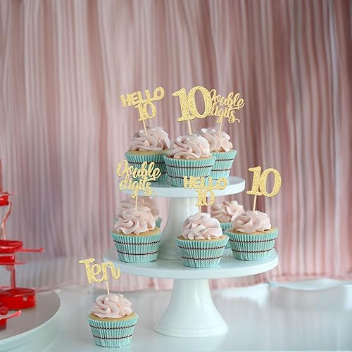 Miniatura 9 de Gyufise 24 piezas de adornos dorados para cupcakes de 10.º cumpleaños con purpurina dorada de doble dígito Hello 10 Ten Cupcake Picks para fiesta