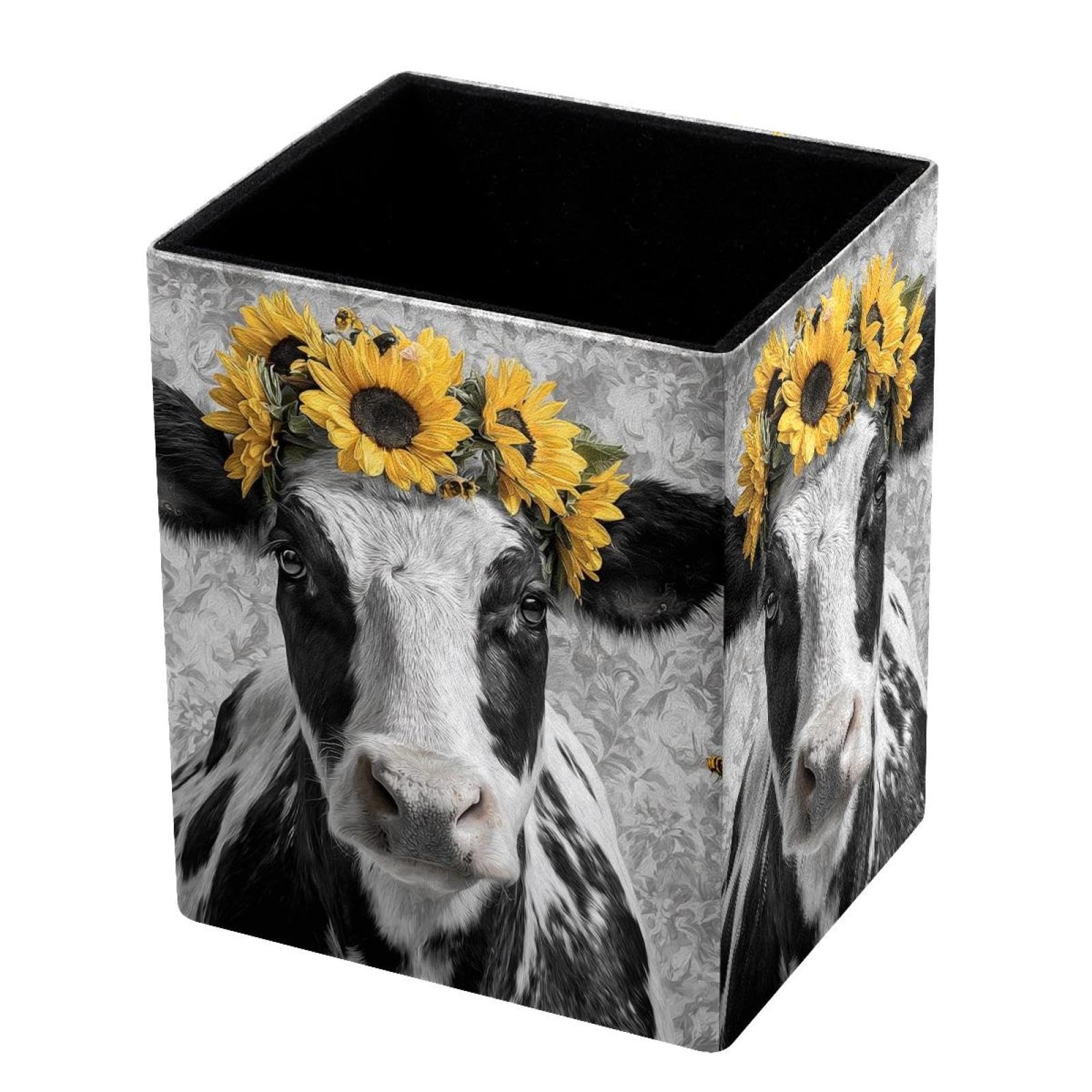 VAPOKF Pencil Holders for Desk, Sunflower and Cow Printed Pen Holders Pen Pot Makeup Brushes Storage Desktop Stationery Supplies Organiser for Home Office