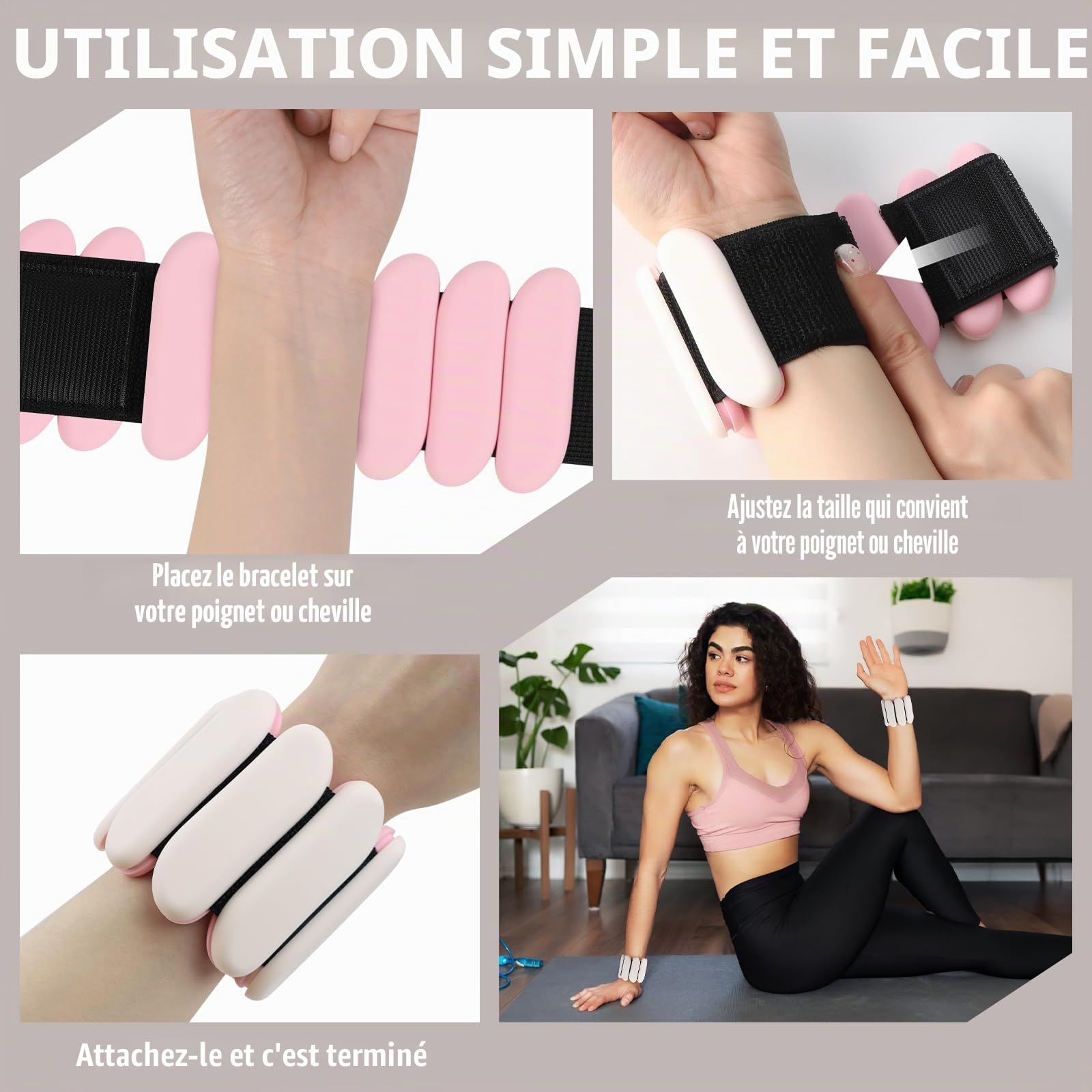 1 paire de poids de poignet (0,5 kg chacun) | Poids réglables et portables pour poignet et cheville, bracelets de poignet en silicone pour femme | Yoga, danse, pilates, natation, marche et gym