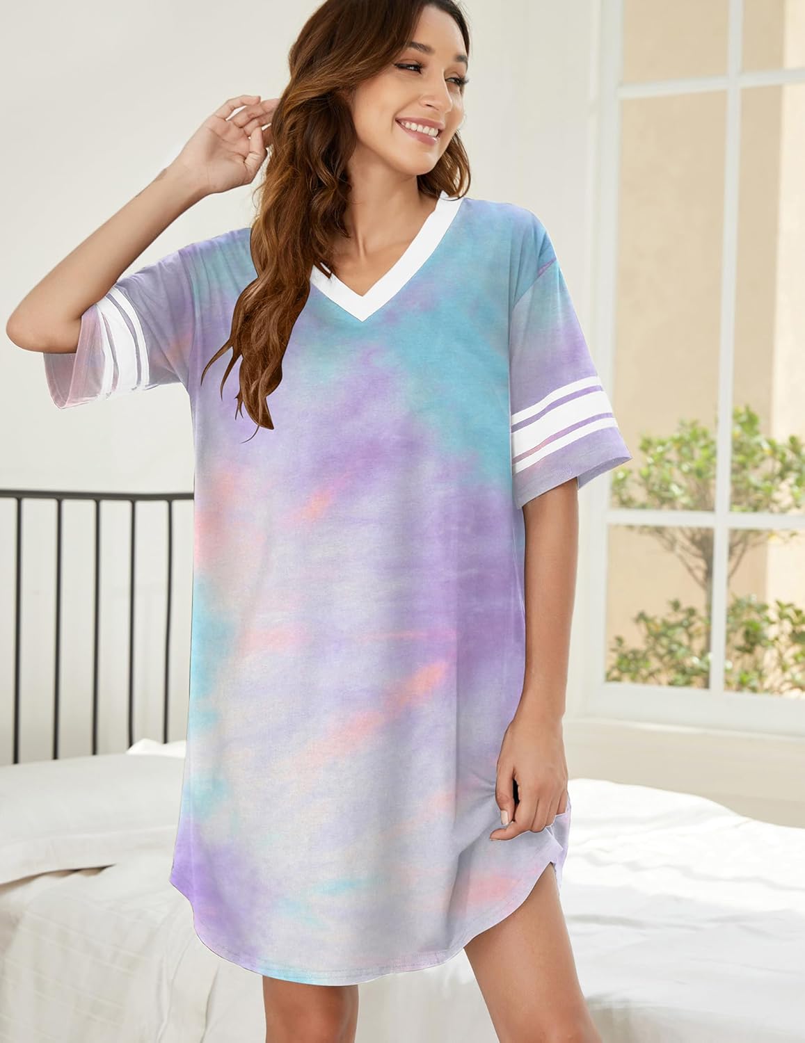 Ekouaer Nightgowns for Women Cotton Night Gown Short Sleeve Sleepwear V Neck Color Block Sleep Shirts Ladies Night Shirts - Image 3
