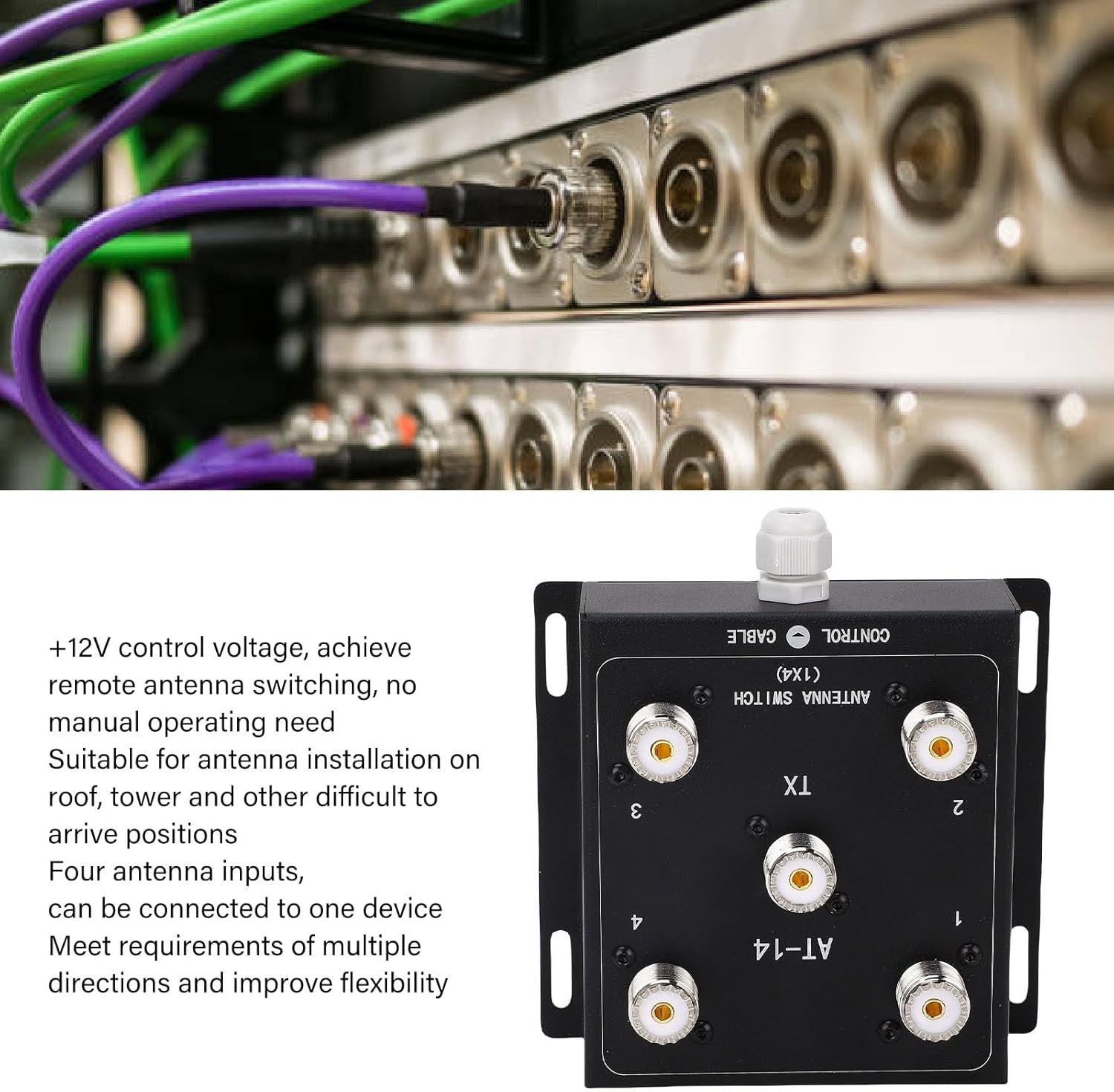 4 Way Antenna Switch Coaxial Remote Antenna Switch 1.8-60MHz 50ohm 500W PEP SO-239 Connector Remote Control Voltage +12V Support Multiple Directions