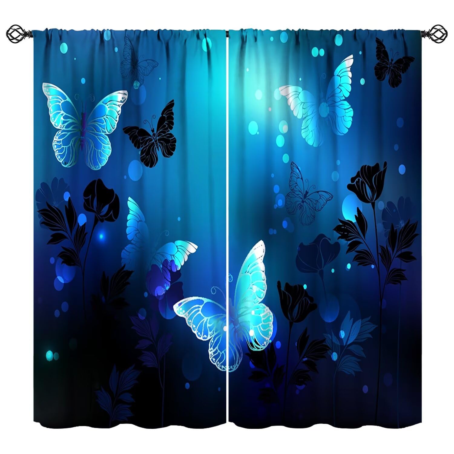 JESTRONRY Blue Butterfly Curtains,Glowing Butterflies Silhouette Flowers Black Background Window Drapes Treatment Living Room Bedroom Home Decor 72" W X 63" L (Blackout)