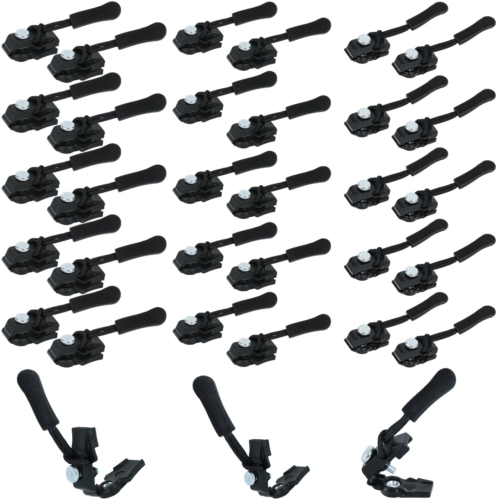 Ucatcher 30pcs Zipper Repair Kit - Black, 3 Sizes, Zip Pull Replacement Instant Zipper Puller Universal Zip Fixer for Luggage, Backpacks, Jackets, Jeans